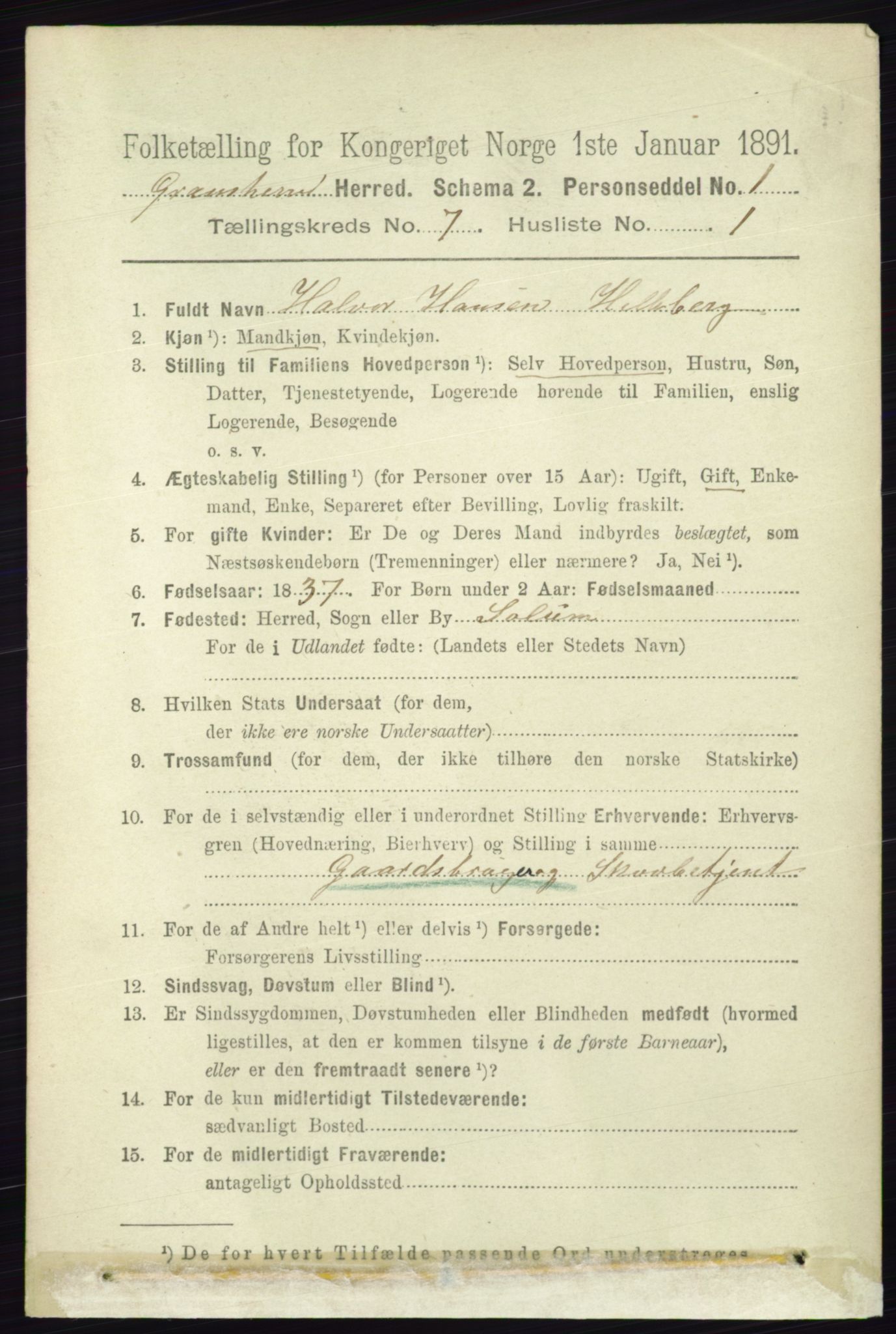 RA, 1891 census for 0824 Gransherad, 1891, p. 1190