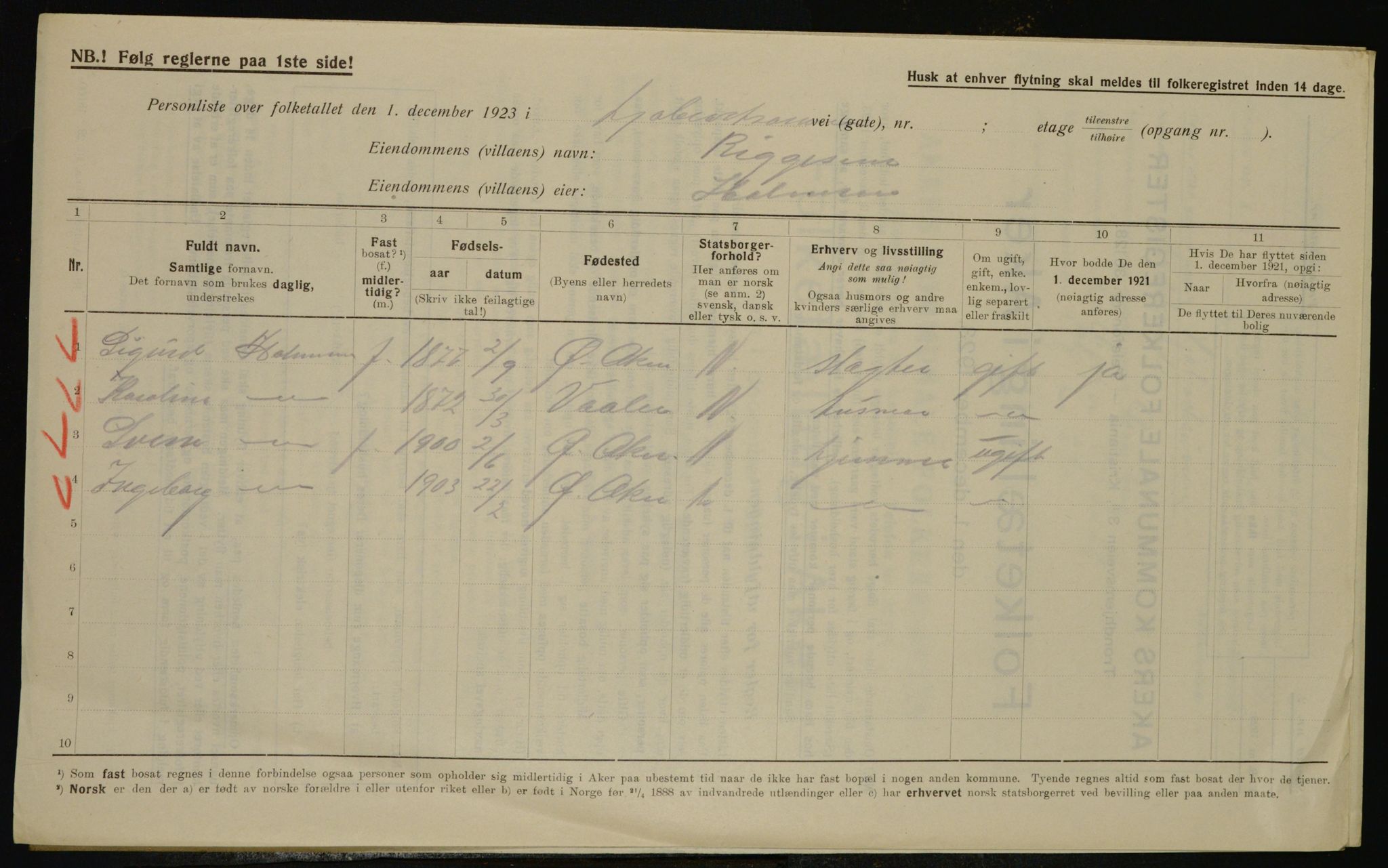 , Municipal Census 1923 for Aker, 1923, p. 41488