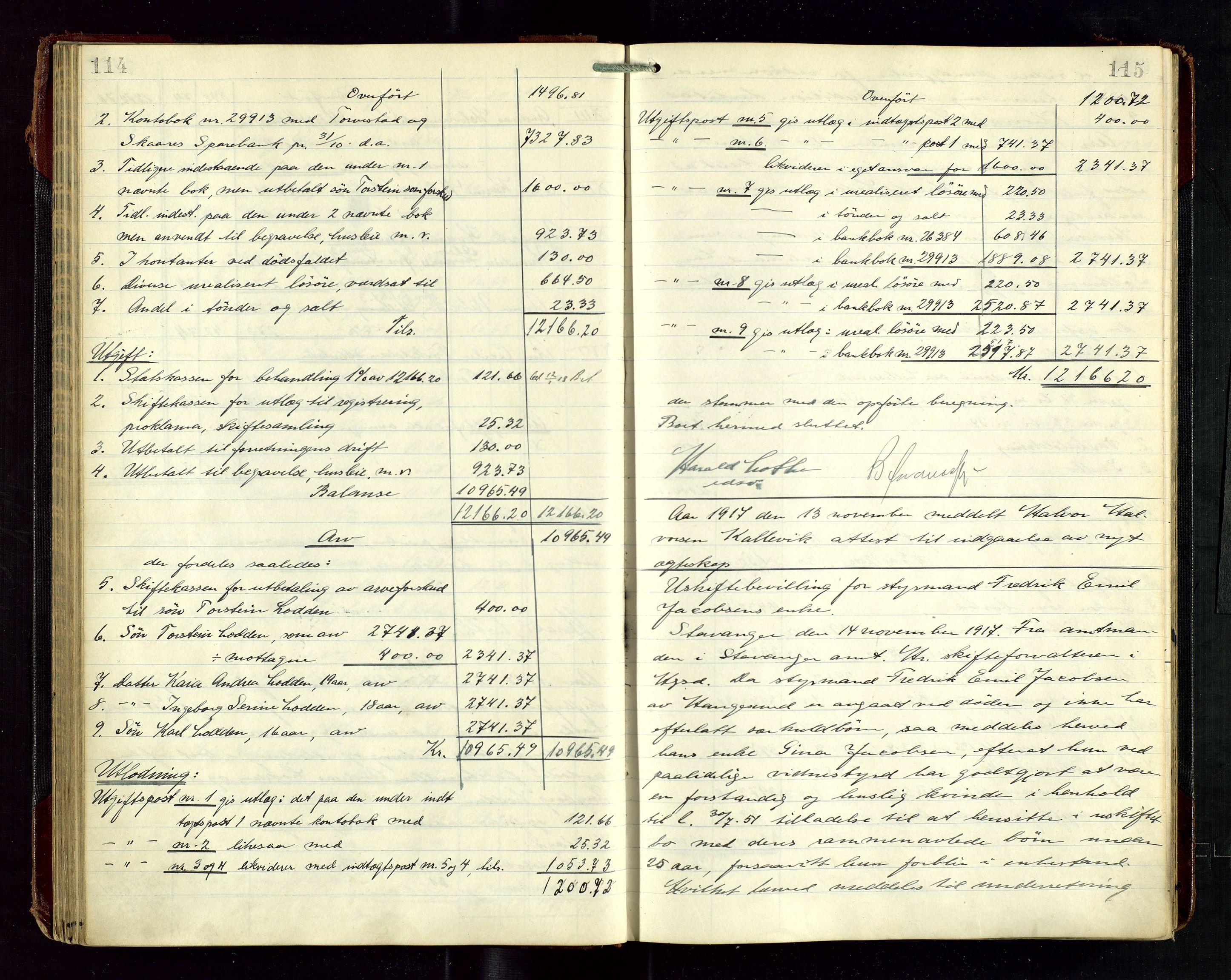 Haugesund tingrett, SAST/A-101415/01/IV/IVD/L0003: Skifteutlodningsprotokoll, med register, 1915-1924, p. 114-115
