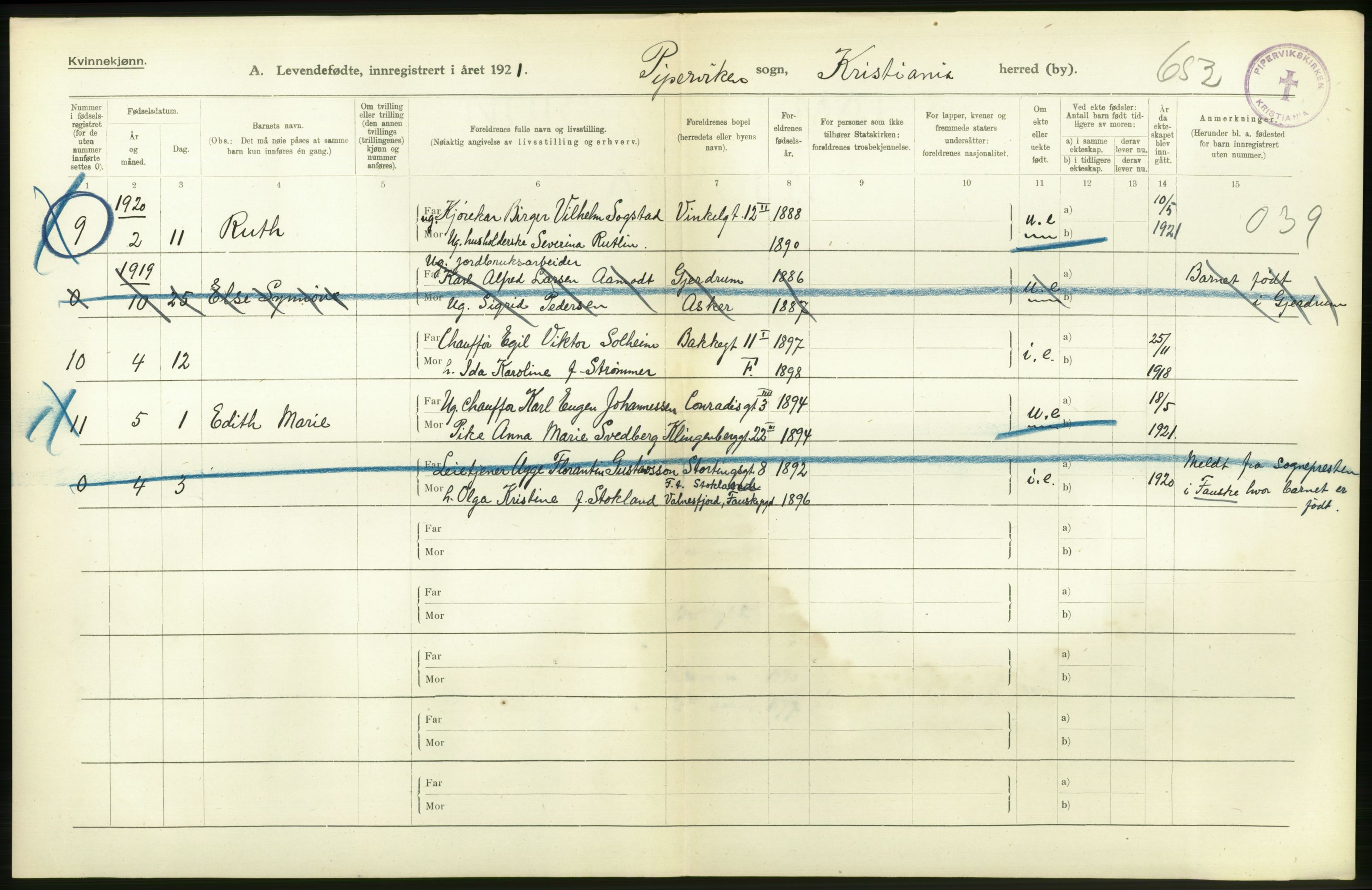 Statistisk sentralbyrå, Sosiodemografiske emner, Befolkning, RA/S-2228/D/Df/Dfc/Dfca/L0009: Kristiania: Levendefødte menn og kvinner., 1921, p. 330