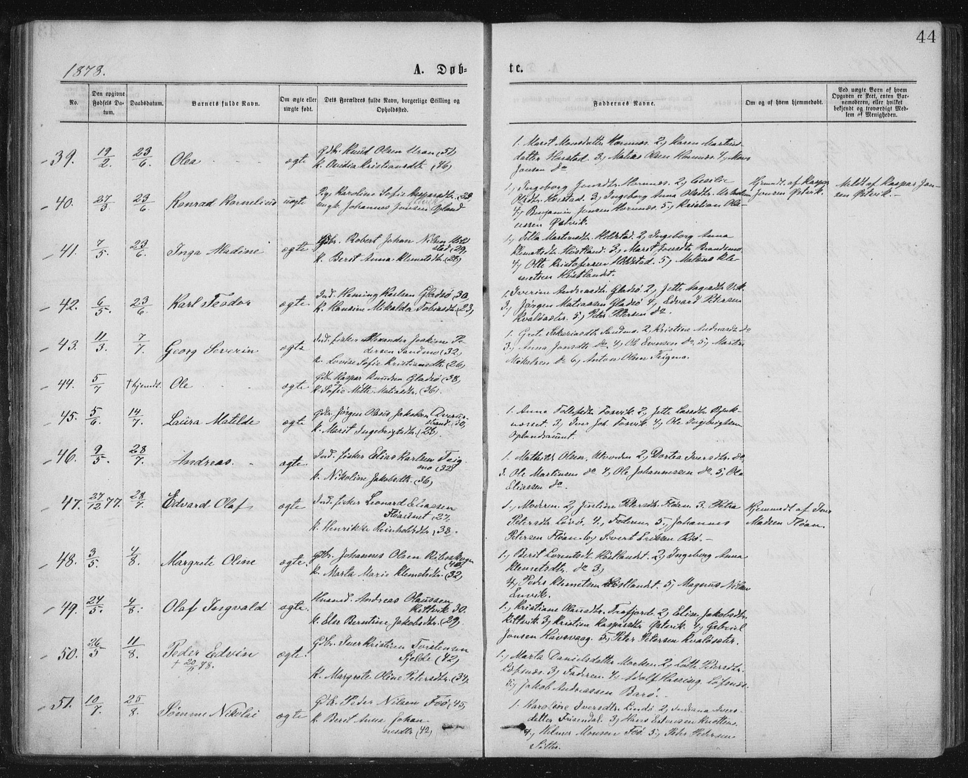 Ministerialprotokoller, klokkerbøker og fødselsregistre - Nord-Trøndelag, AV/SAT-A-1458/771/L0596: Parish register (official) no. 771A03, 1870-1884, p. 44