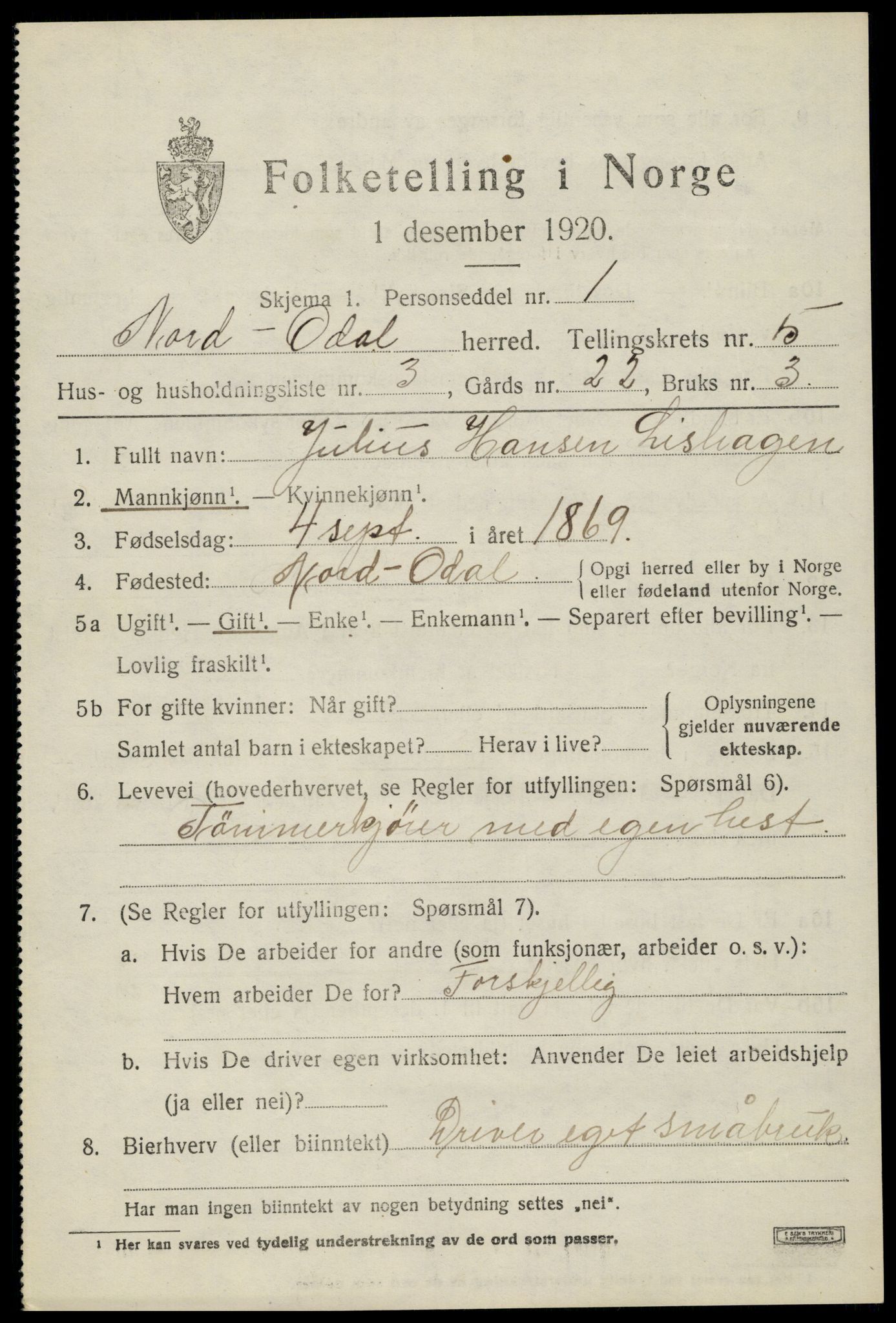 SAH, 1920 census for Nord-Odal, 1920, p. 5055