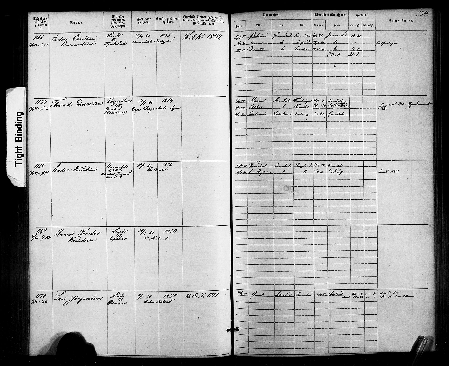 Lillesand mønstringskrets, SAK/2031-0014/F/Fa/L0002: Annotasjonsrulle nr 1-1910 med register, W-8, 1868-1891, p. 240