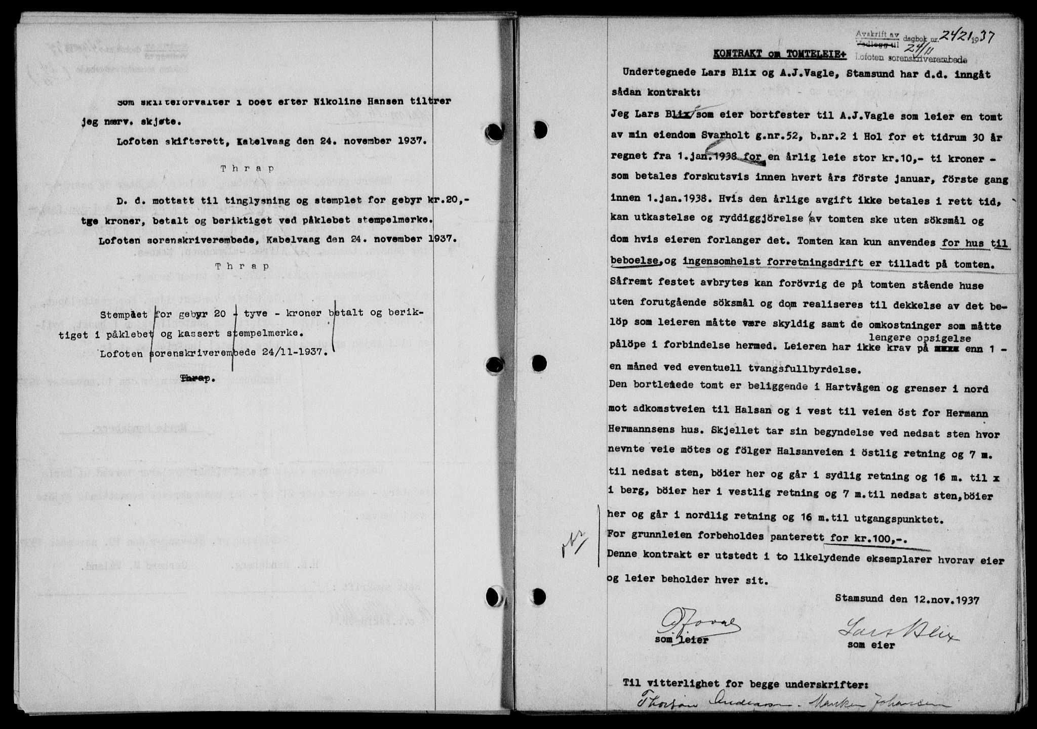 Lofoten sorenskriveri, SAT/A-0017/1/2/2C/L0003a: Mortgage book no. 3a, 1937-1938, Diary no: : 2421/1937