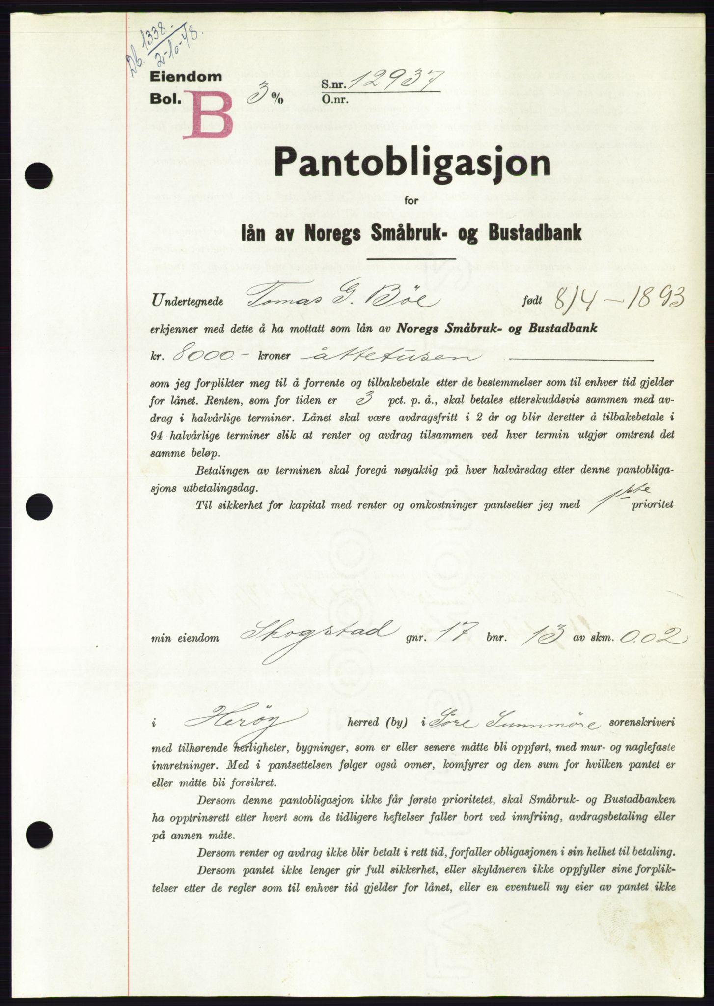 Søre Sunnmøre sorenskriveri, AV/SAT-A-4122/1/2/2C/L0116: Mortgage book no. 4B, 1948-1949, Diary no: : 1338/1948