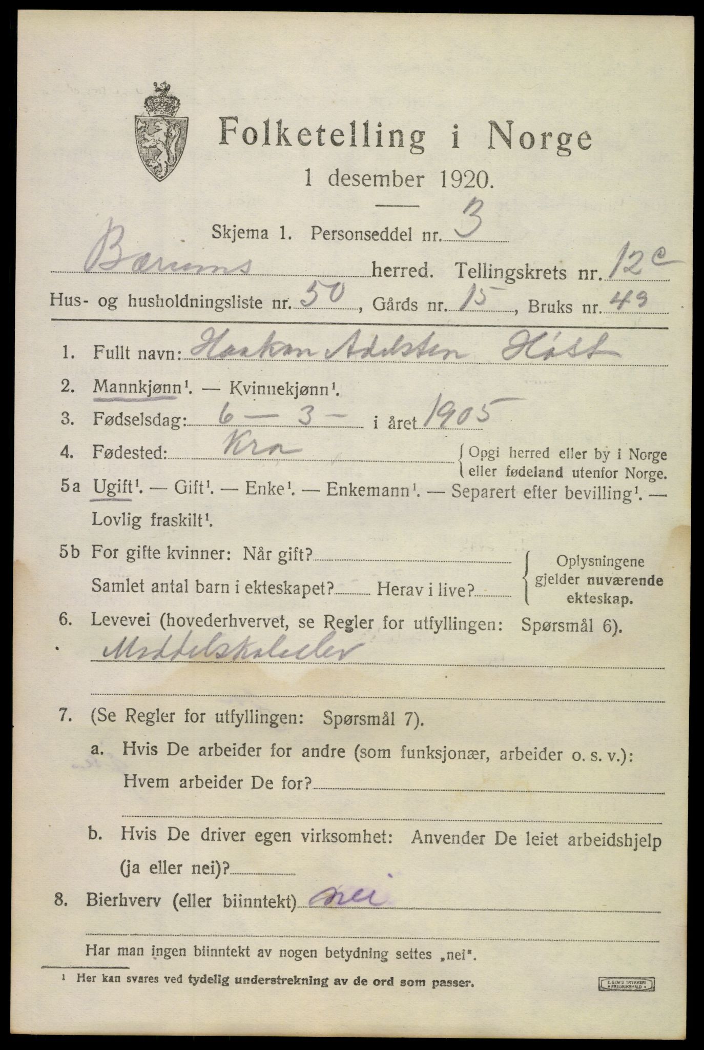 SAO, 1920 census for Bærum, 1920, p. 30154