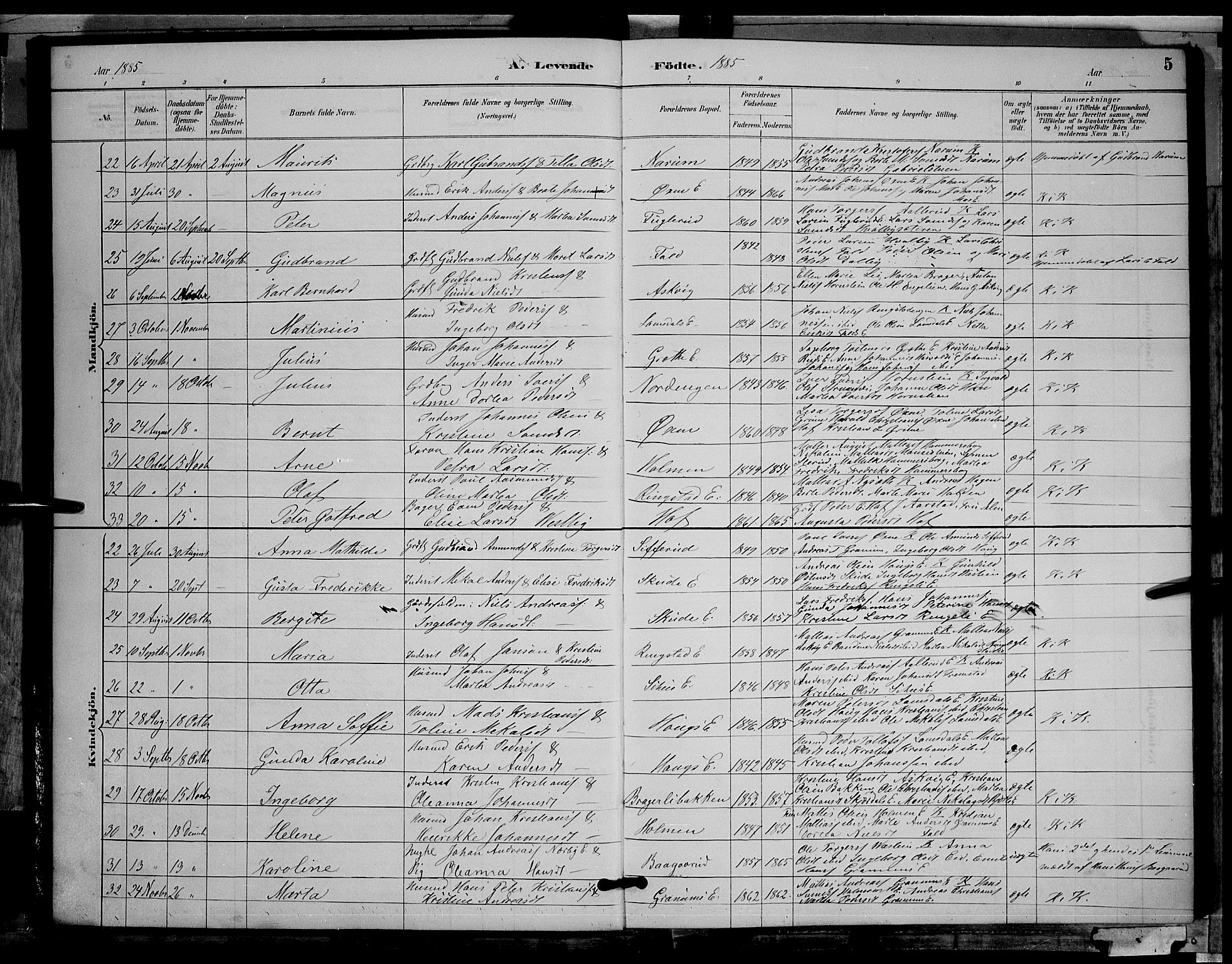 Søndre Land prestekontor, AV/SAH-PREST-122/L/L0002: Parish register (copy) no. 2, 1884-1900, p. 5