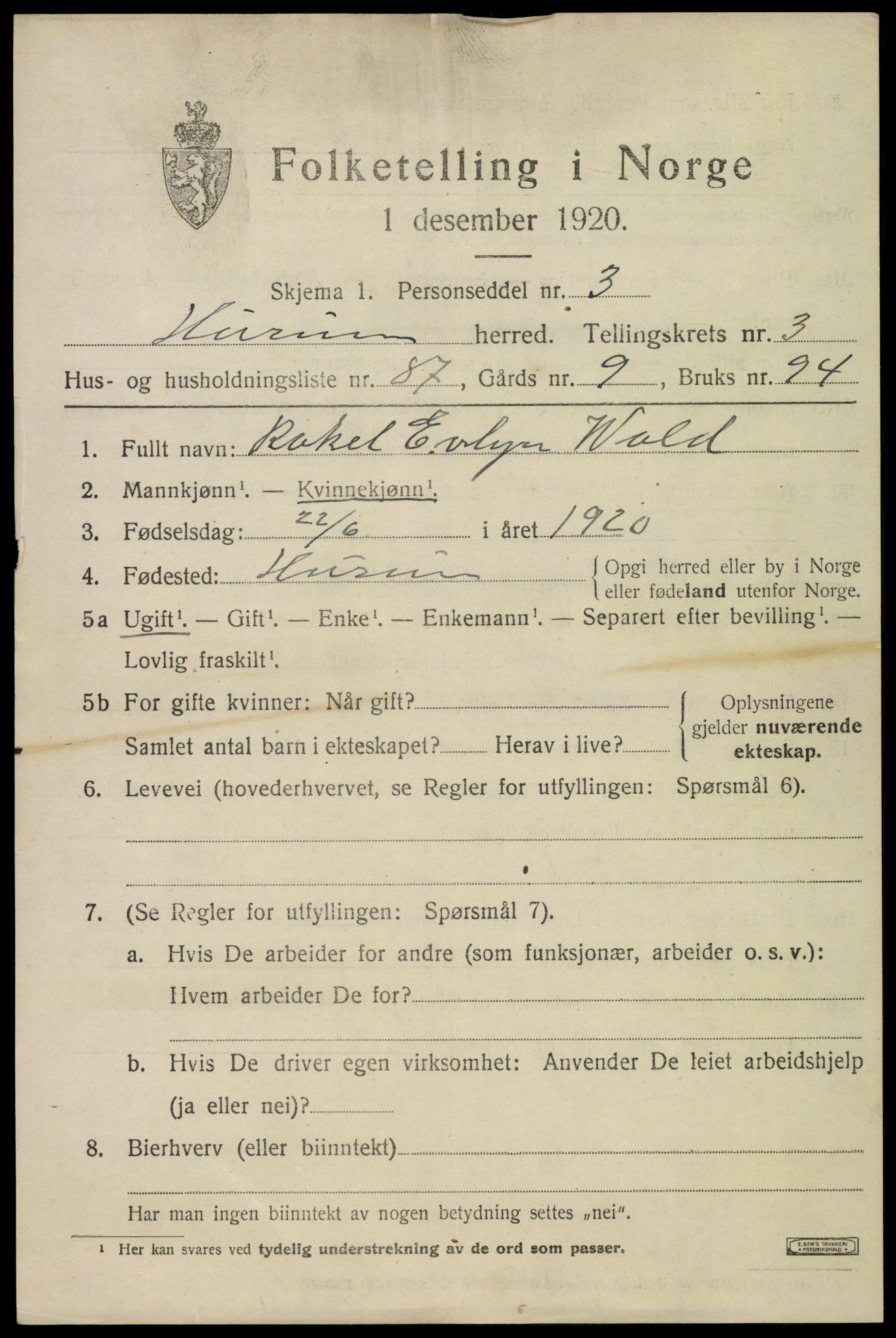 SAKO, 1920 census for Hurum, 1920, p. 5724