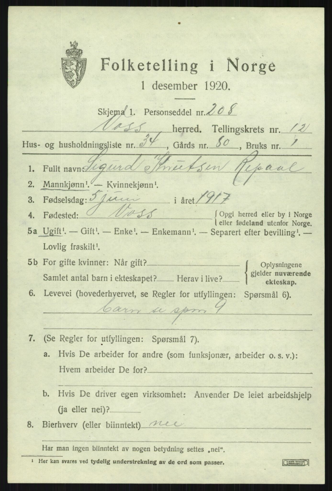 SAB, 1920 census for Voss, 1920, p. 11145