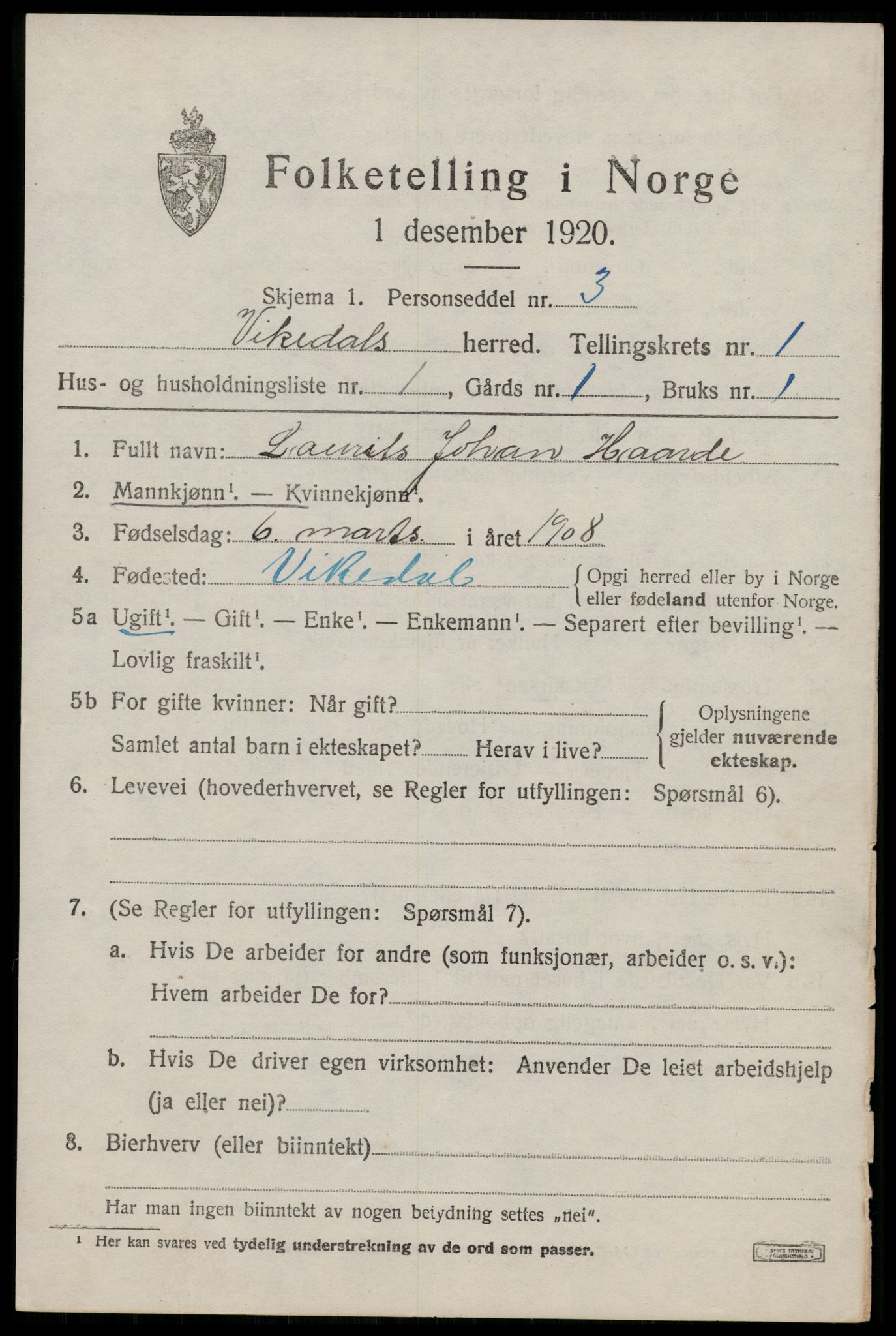 SAST, 1920 census for Vikedal, 1920, p. 1195