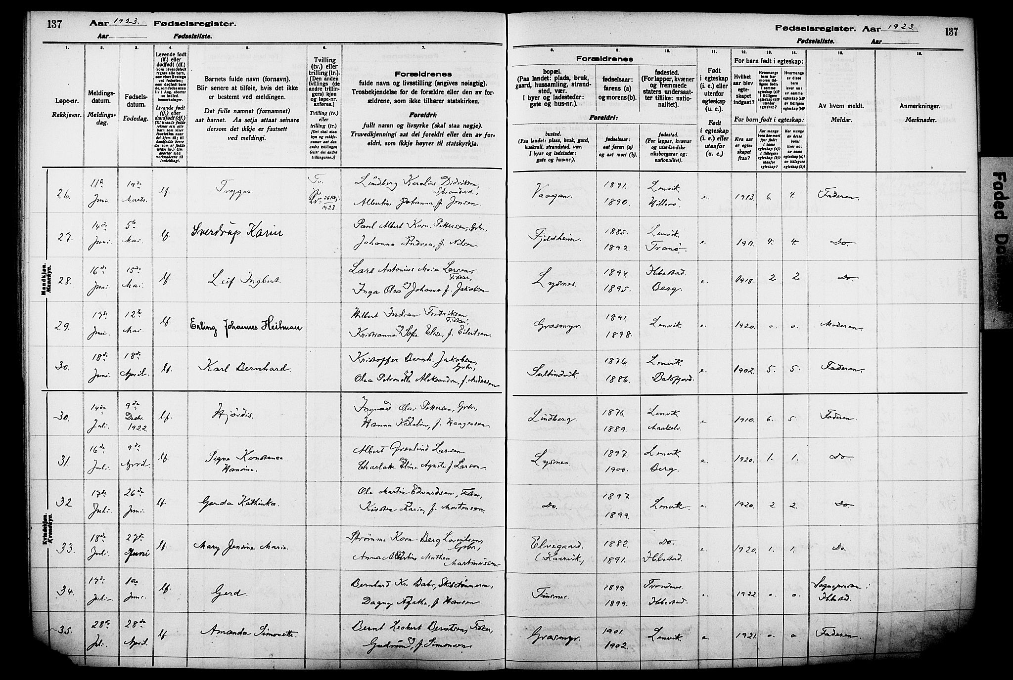 Lenvik sokneprestembete, AV/SATØ-S-1310/I/Ic/L0089: Birth register no. 89, 1916-1926, p. 137