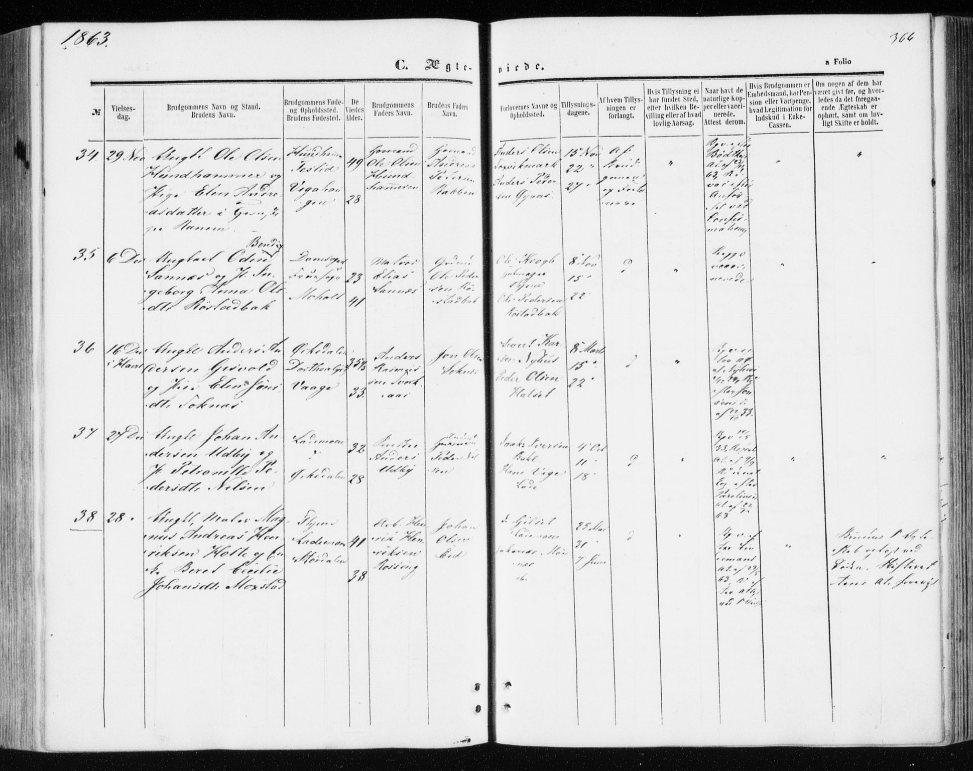 Ministerialprotokoller, klokkerbøker og fødselsregistre - Sør-Trøndelag, SAT/A-1456/606/L0292: Parish register (official) no. 606A07, 1856-1865, p. 366
