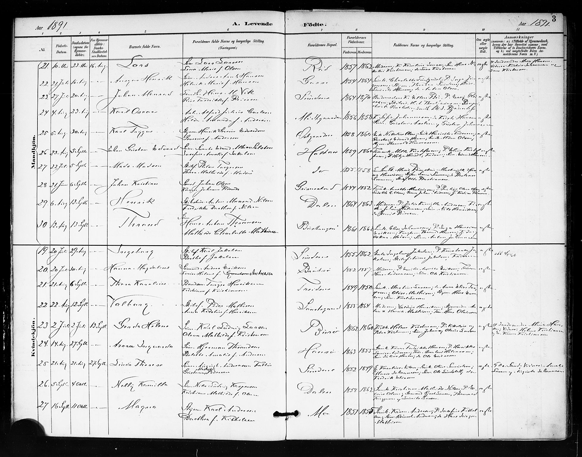 Tjøme kirkebøker, AV/SAKO-A-328/F/Fa/L0003: Parish register (official) no. I 3, 1891-1900, p. 3