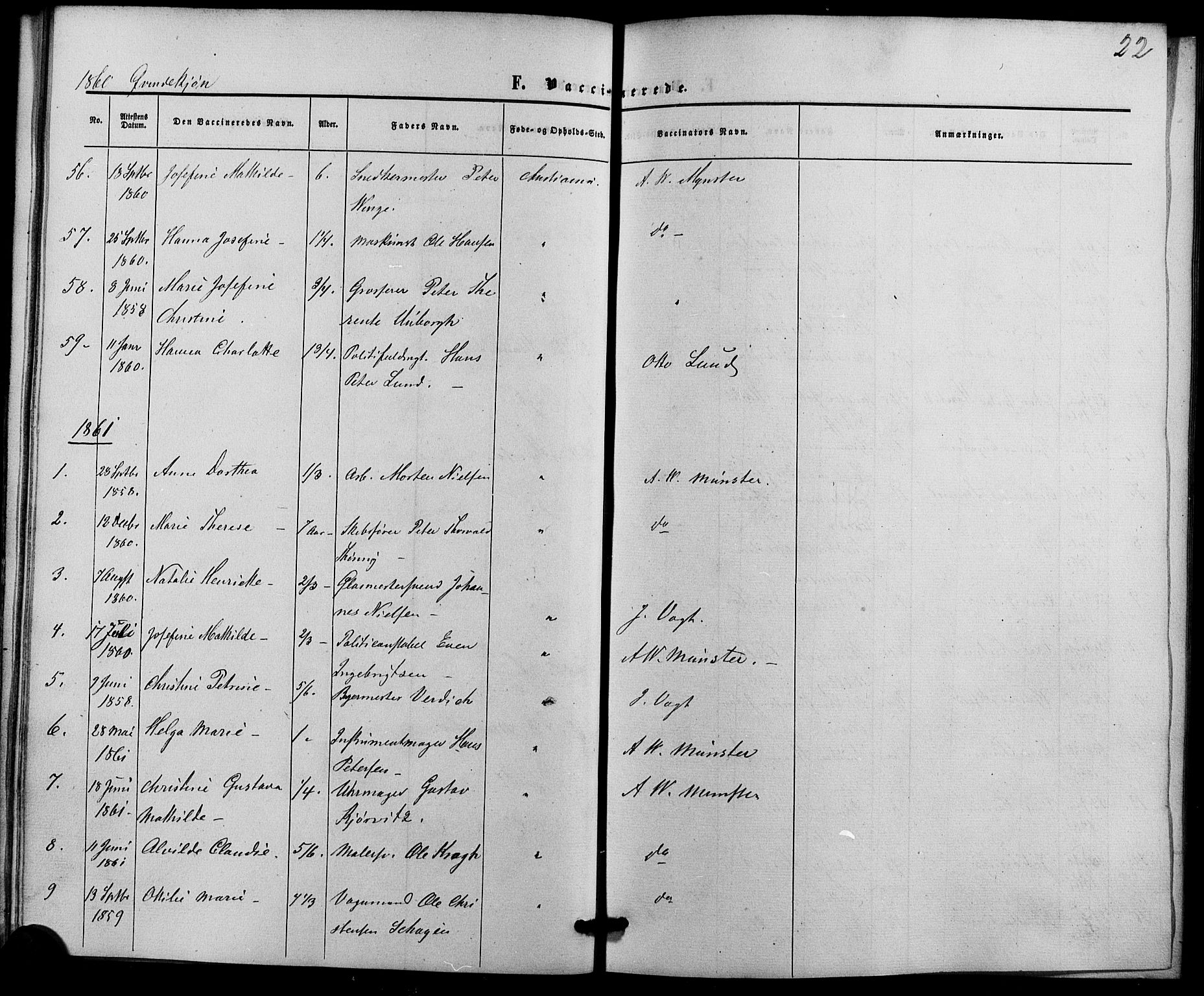 Trefoldighet prestekontor Kirkebøker, AV/SAO-A-10882/F/Fh/L0001: Vaccination register no. 1, 1857-1867, p. 22