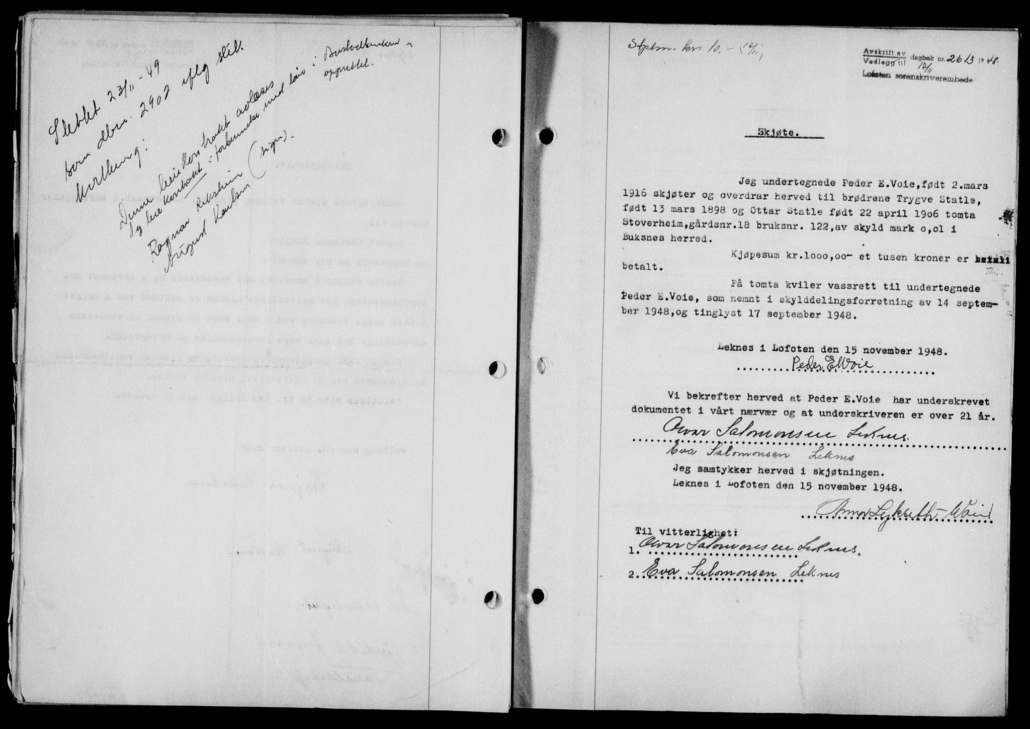Lofoten sorenskriveri, SAT/A-0017/1/2/2C/L0019a: Mortgage book no. 19a, 1948-1948, Diary no: : 2613/1948