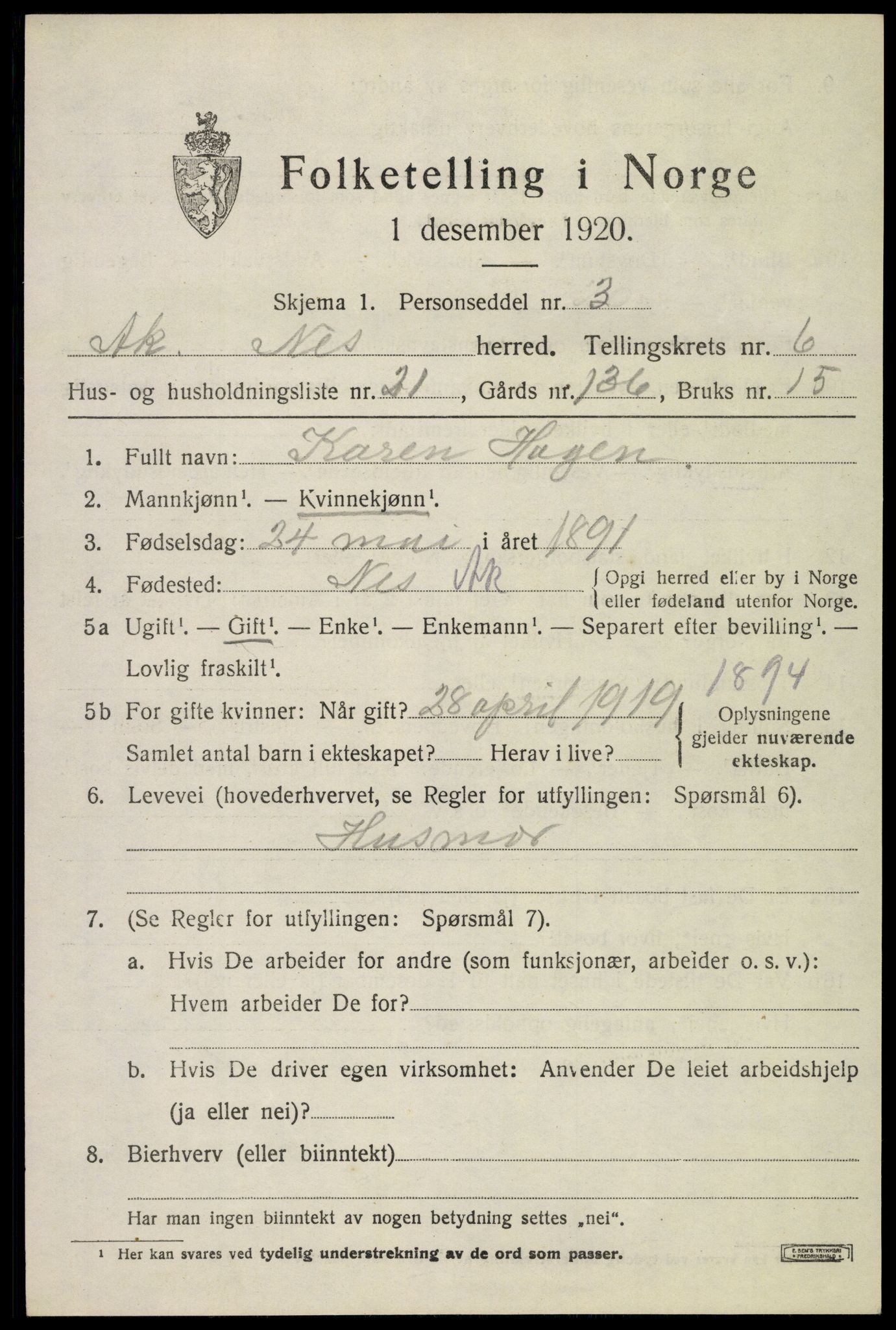 SAO, 1920 census for Nes, 1920, p. 7838