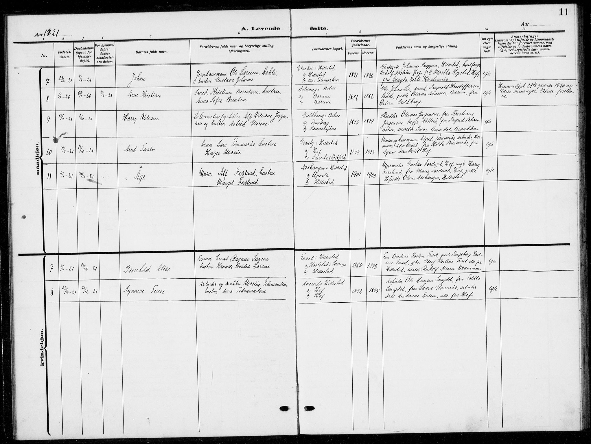 Botne kirkebøker, AV/SAKO-A-340/G/Gb/L0005: Parish register (copy) no. II 5, 1918-1936, p. 11