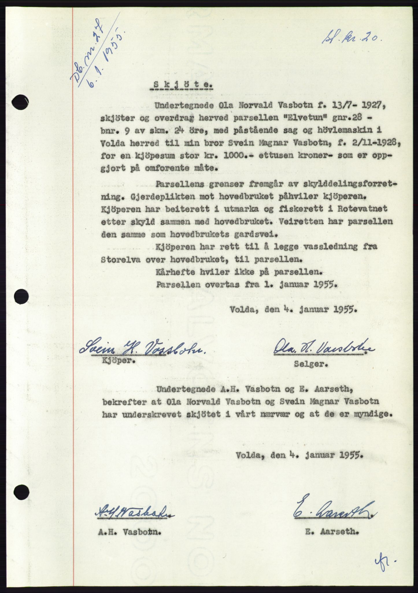 Søre Sunnmøre sorenskriveri, AV/SAT-A-4122/1/2/2C/L0100: Mortgage book no. 26A, 1954-1955, Diary no: : 27/1955
