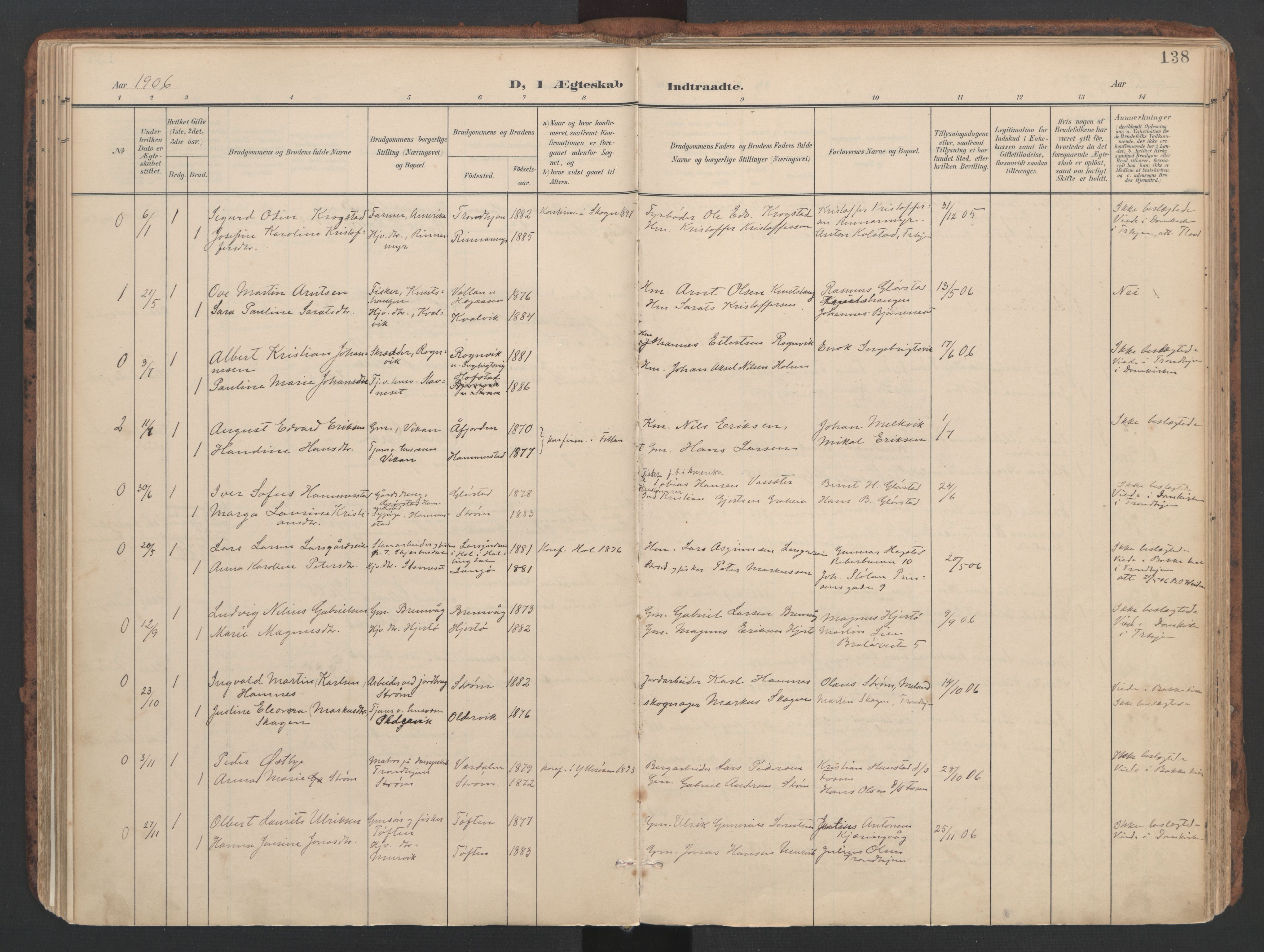 Ministerialprotokoller, klokkerbøker og fødselsregistre - Sør-Trøndelag, SAT/A-1456/634/L0537: Parish register (official) no. 634A13, 1896-1922, p. 138