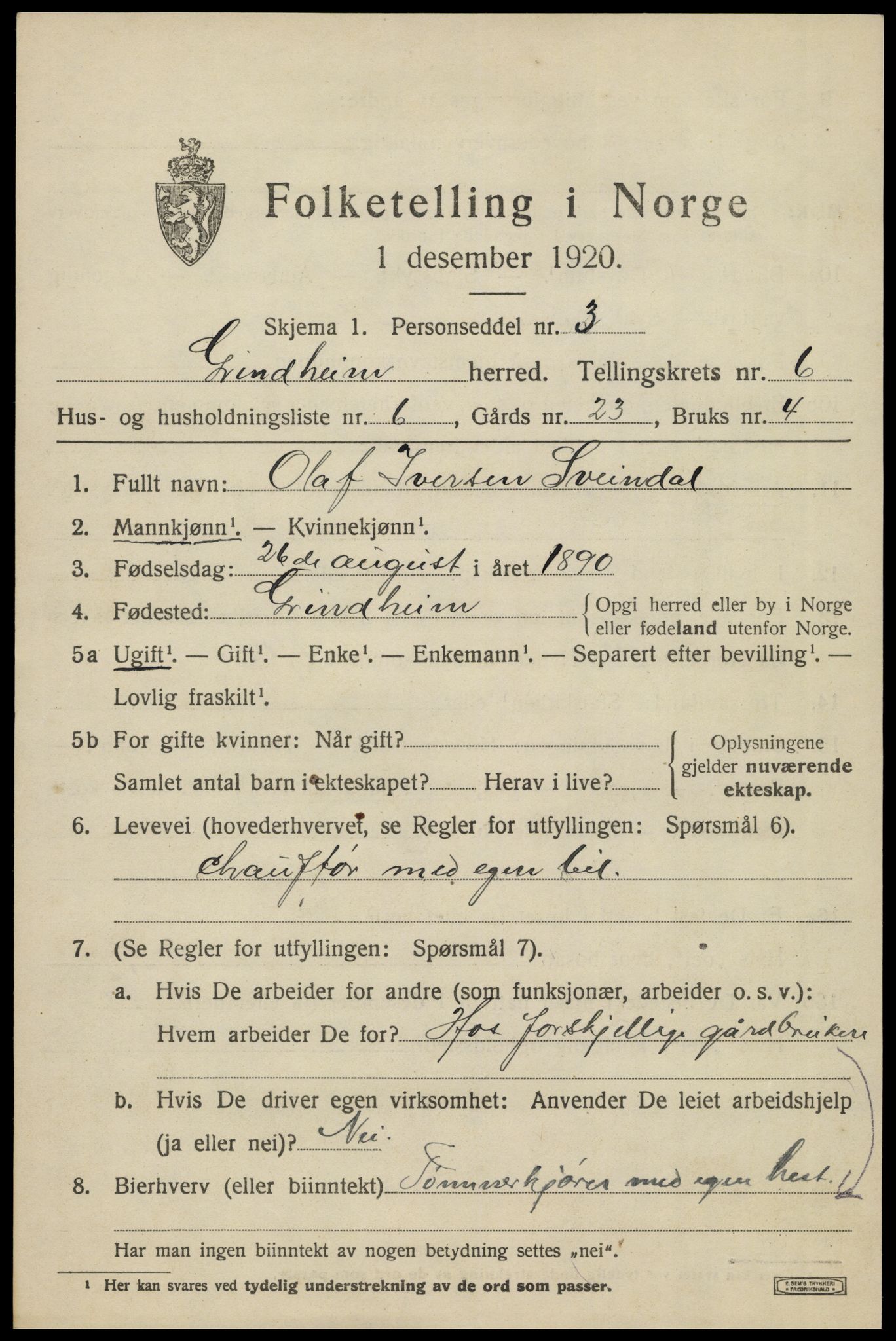 SAK, 1920 census for Grindheim, 1920, p. 1905