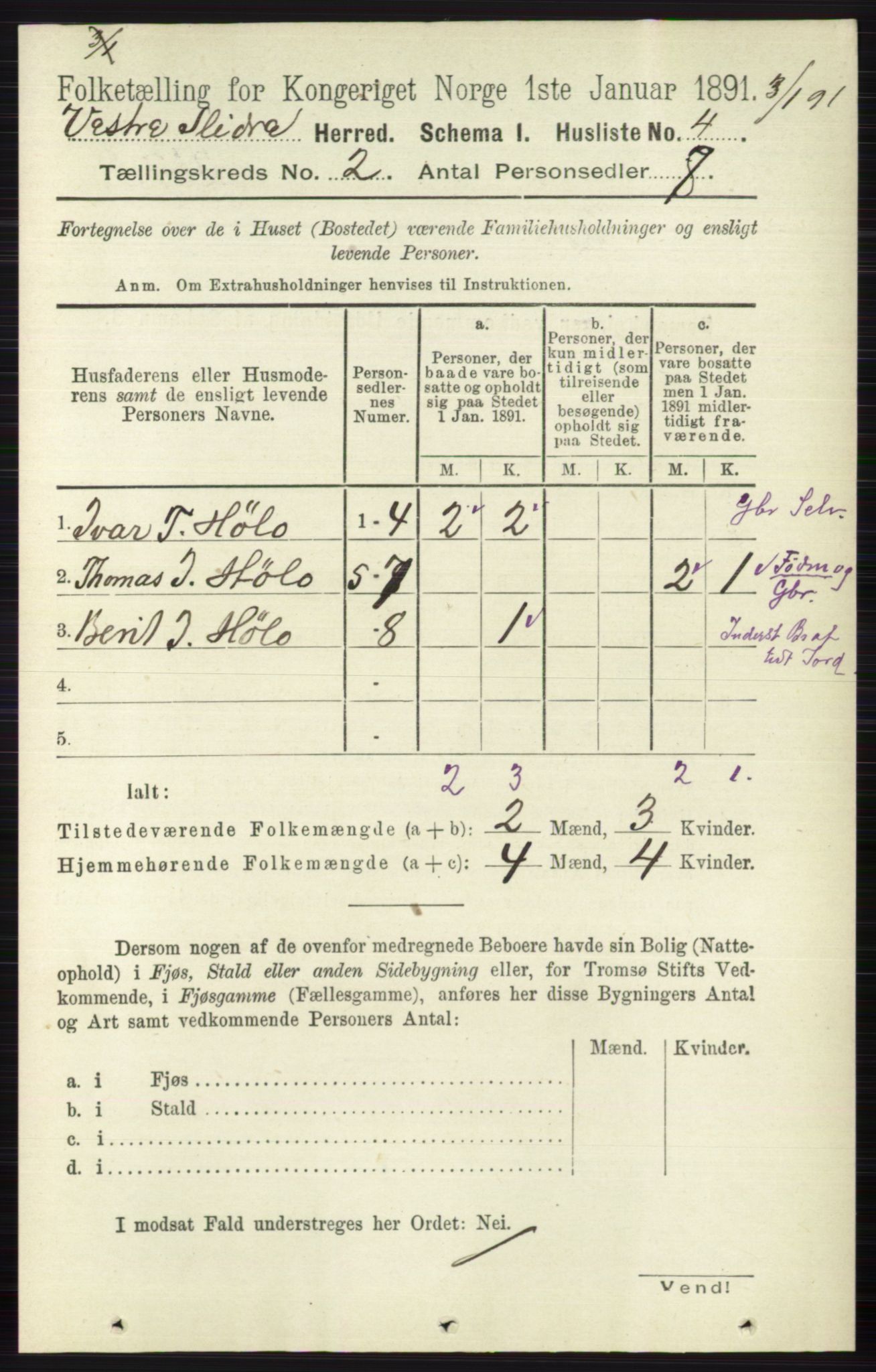 RA, 1891 census for 0543 Vestre Slidre, 1891, p. 462