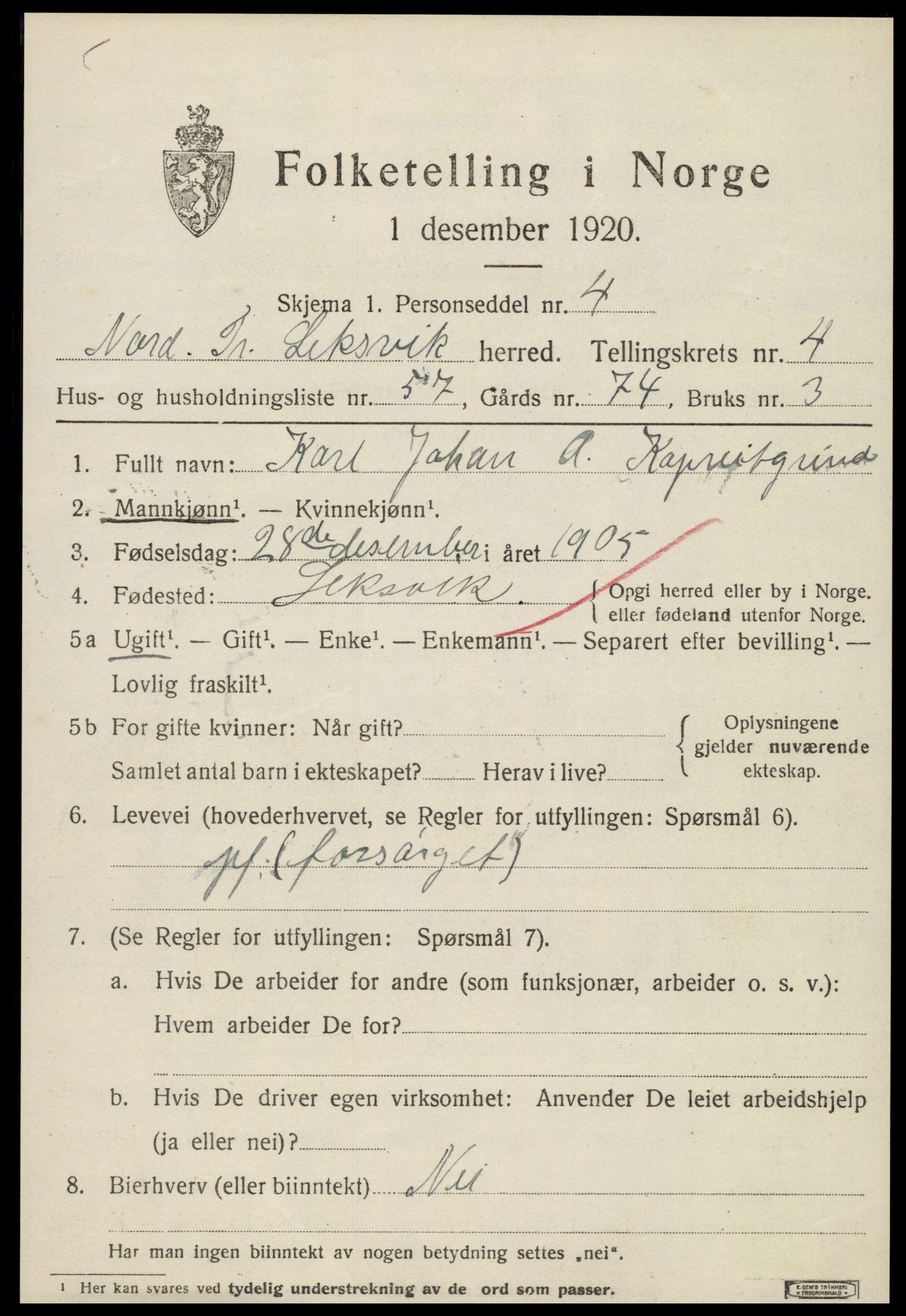 SAT, 1920 census for Leksvik, 1920, p. 4242