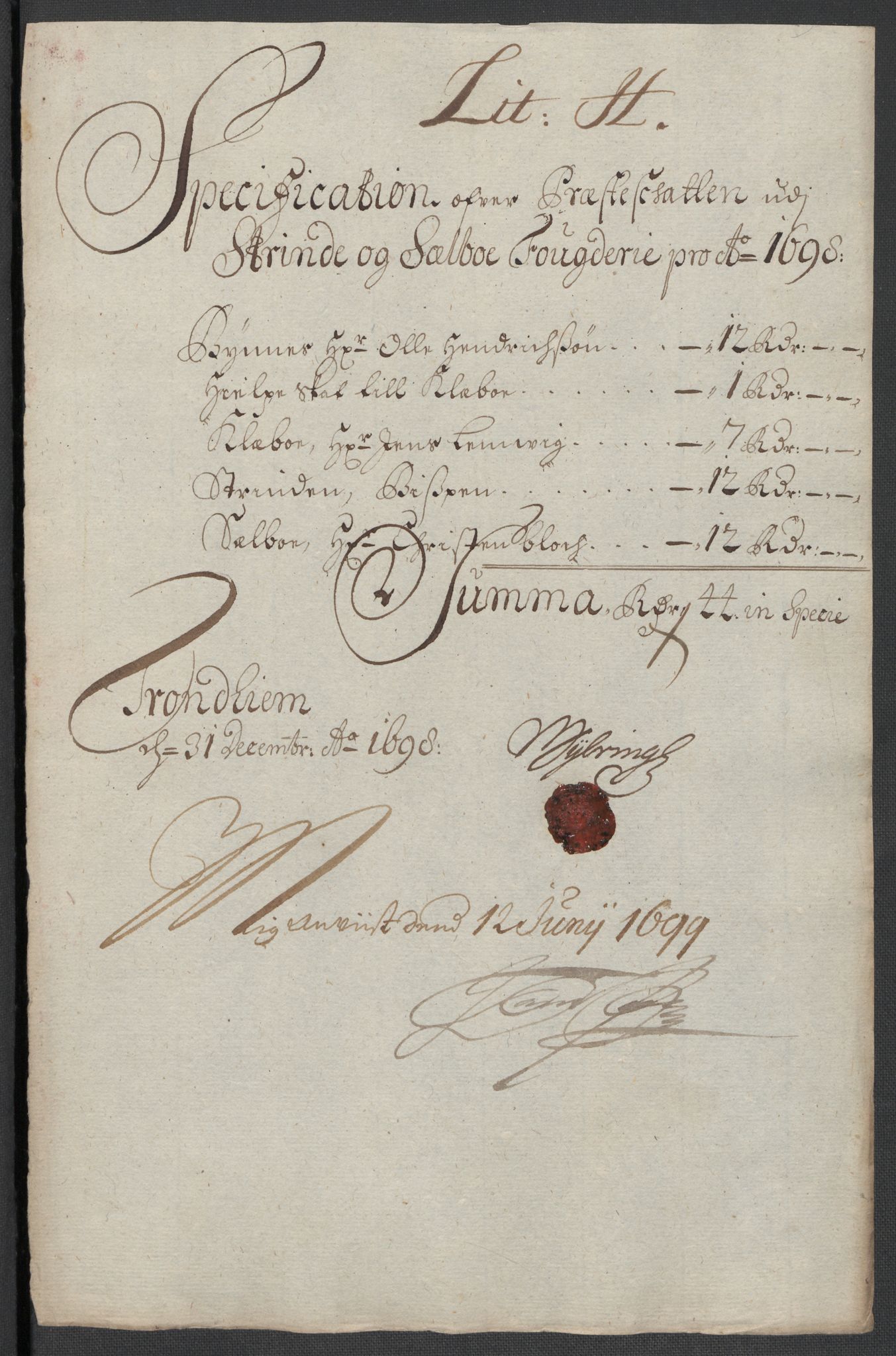 Rentekammeret inntil 1814, Reviderte regnskaper, Fogderegnskap, AV/RA-EA-4092/R61/L4107: Fogderegnskap Strinda og Selbu, 1698-1700, p. 110