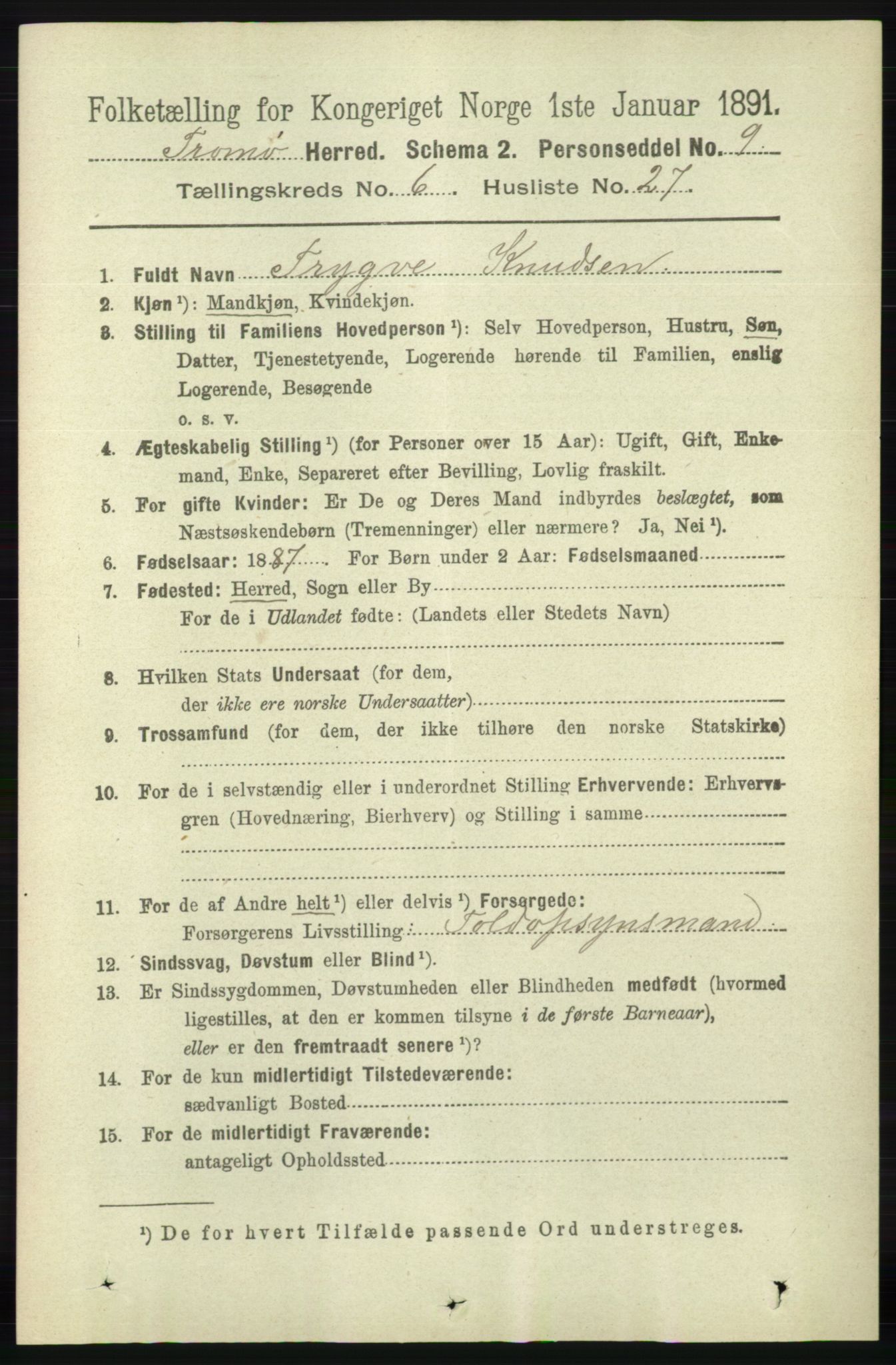 RA, 1891 census for 0921 Tromøy, 1891, p. 3027