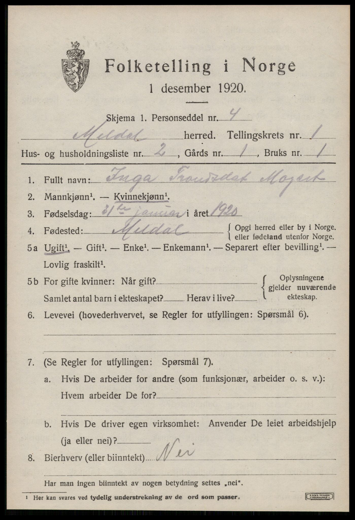 SAT, 1920 census for Meldal, 1920, p. 1875