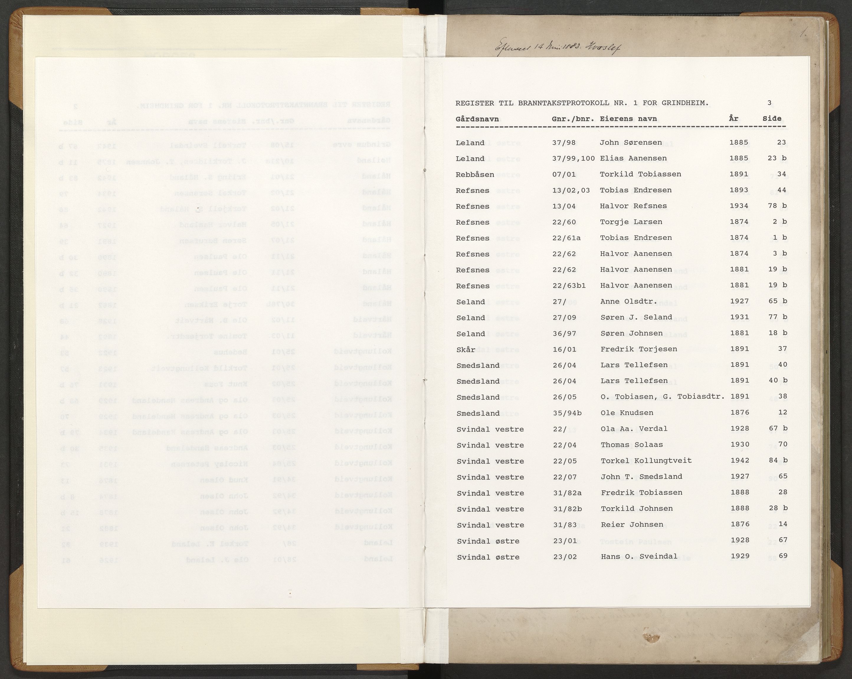 Norges Brannkasse Grindheim, AV/SAK-2241-0019/F/Fa/L0001: Branntakstprotokoll nr. 1 med gårdsnavnregister, 1874-1947