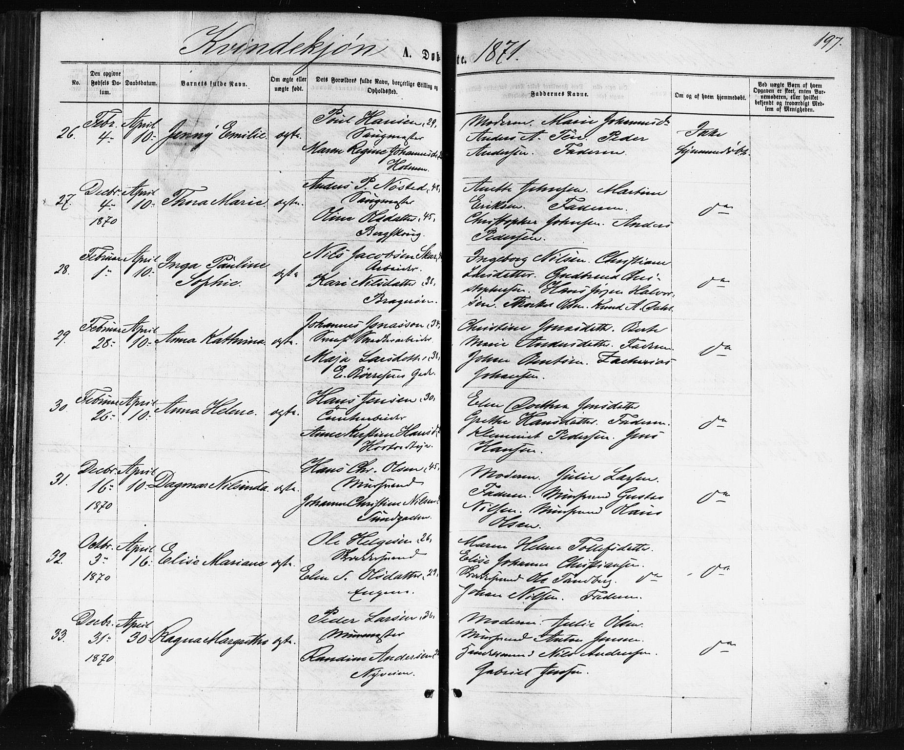 Bragernes kirkebøker, SAKO/A-6/F/Fb/L0004: Parish register (official) no. II 4, 1869-1875, p. 197