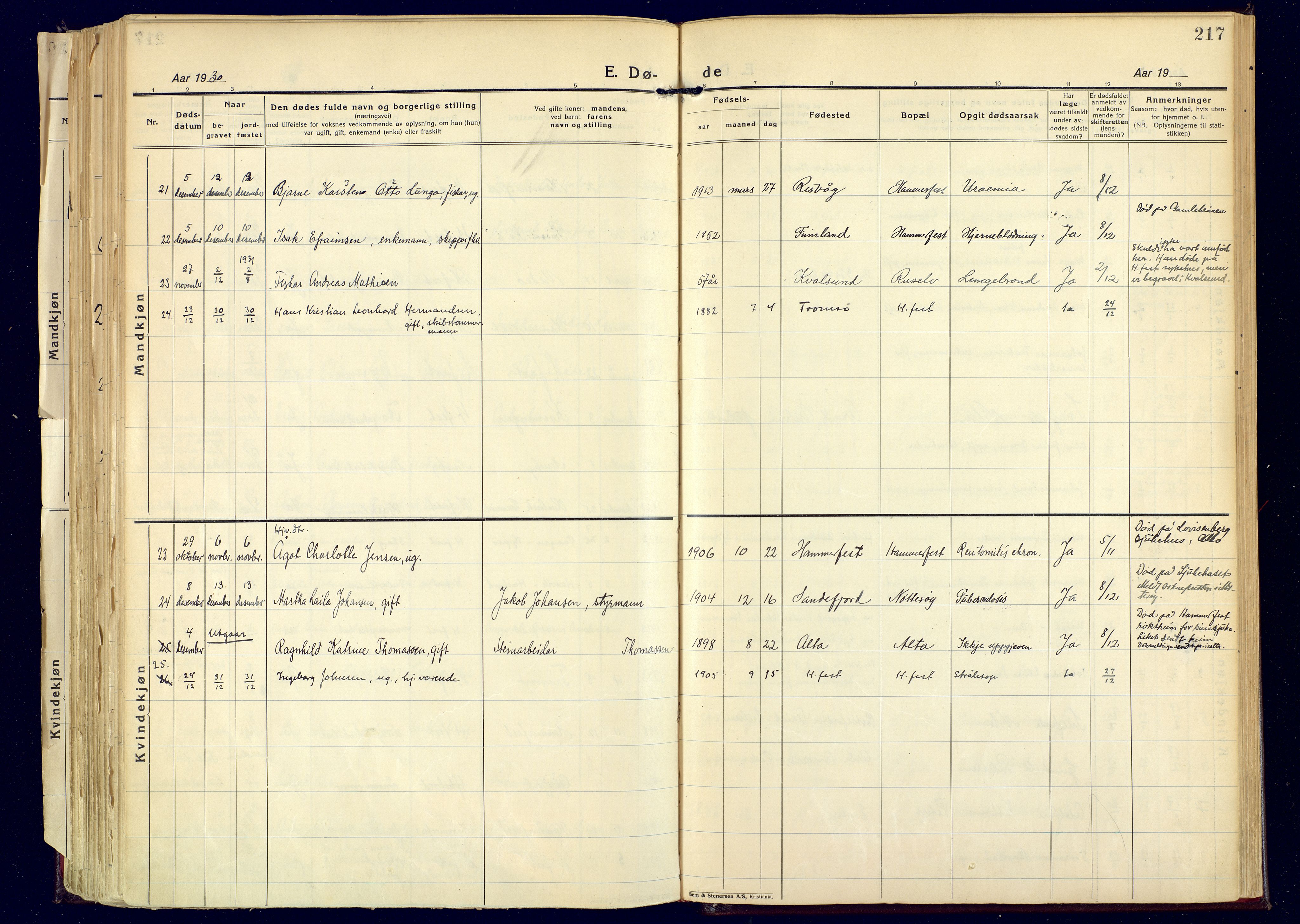 Hammerfest sokneprestkontor, AV/SATØ-S-1347/H/Ha/L0017.kirke: Parish register (official) no. 17, 1923-1933, p. 217