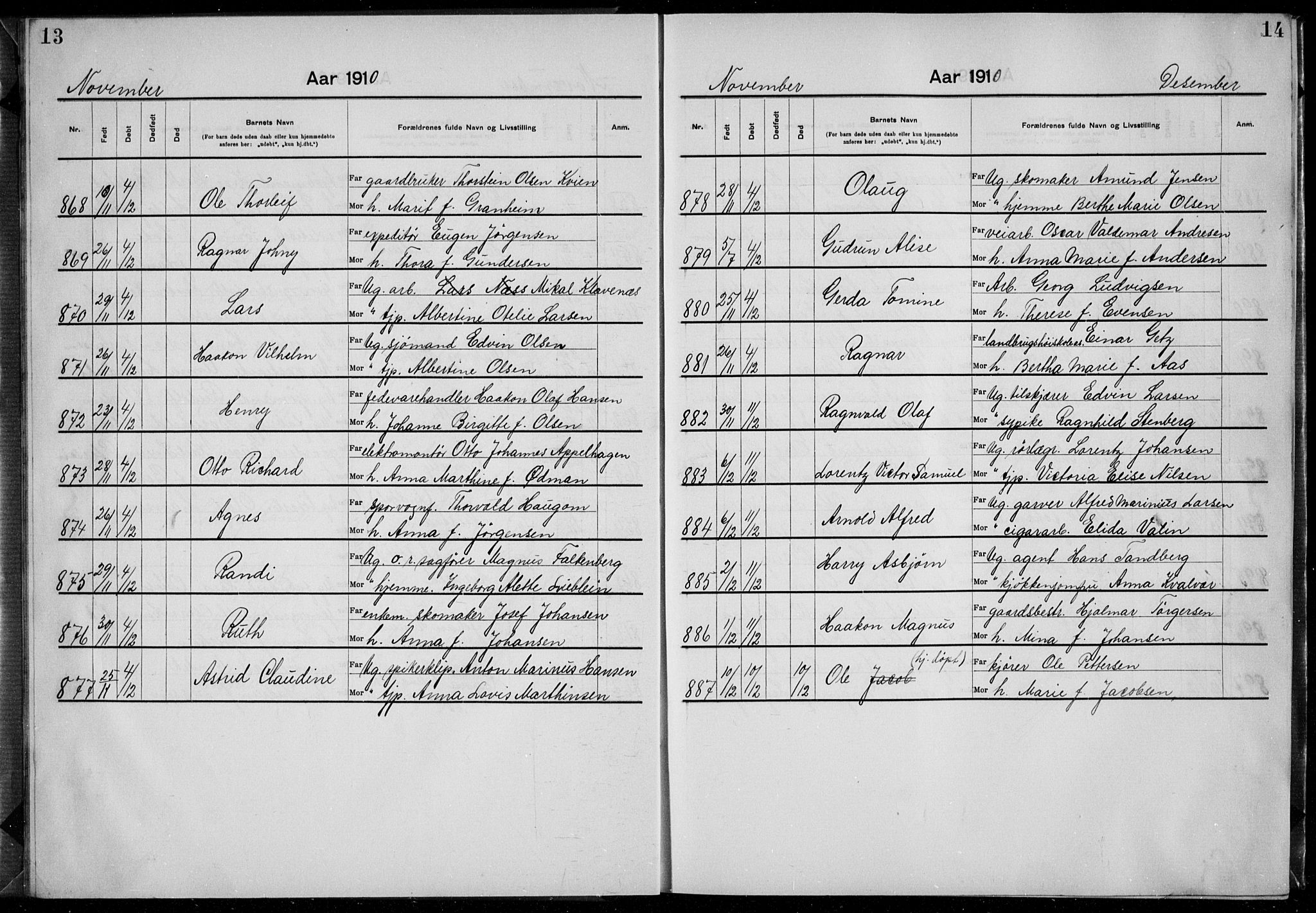 Rikshospitalet prestekontor Kirkebøker, AV/SAO-A-10309b/K/L0007/0001: Baptism register no. 7.1, 1910-1912, p. 13-14