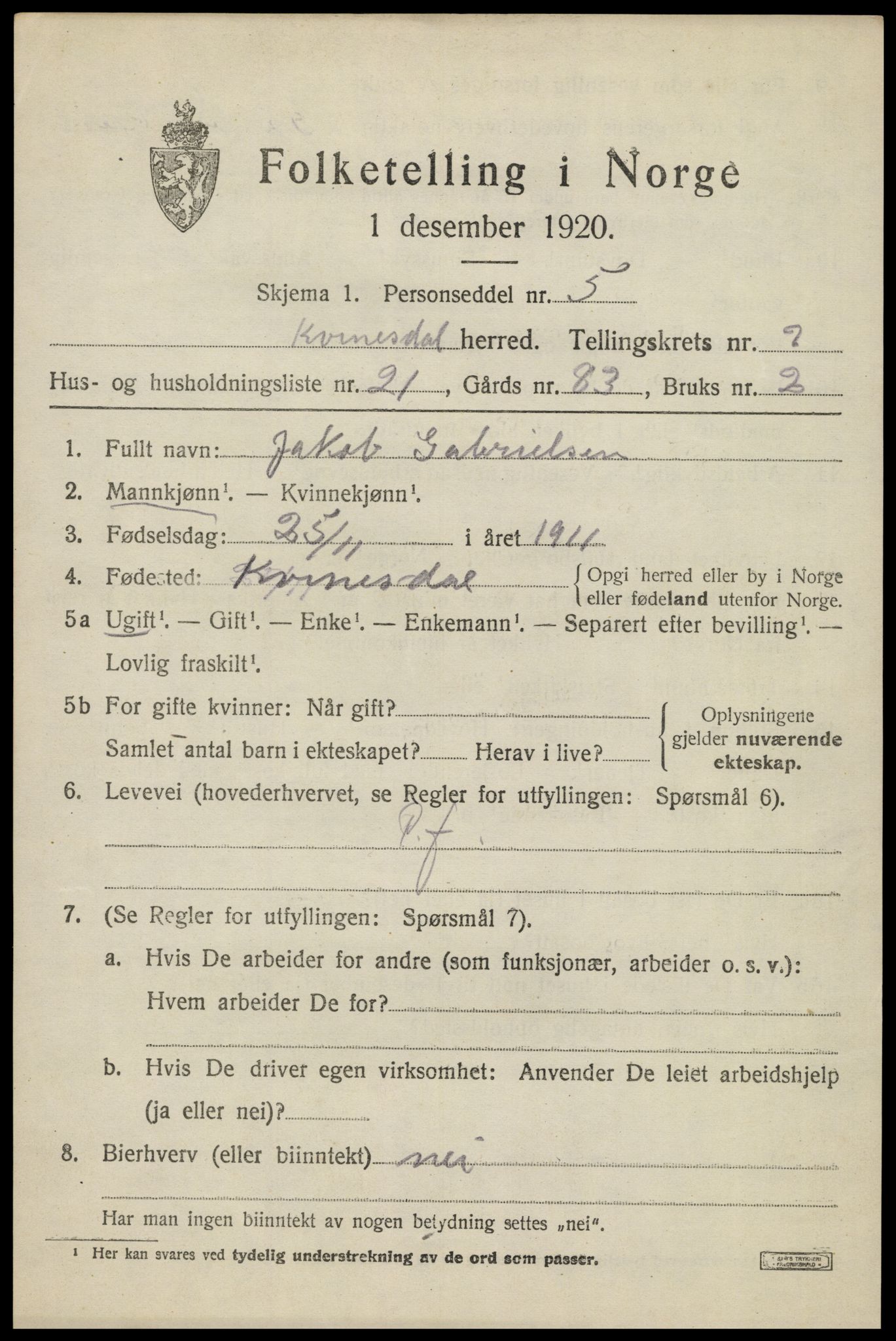 SAK, 1920 census for Kvinesdal, 1920, p. 2111