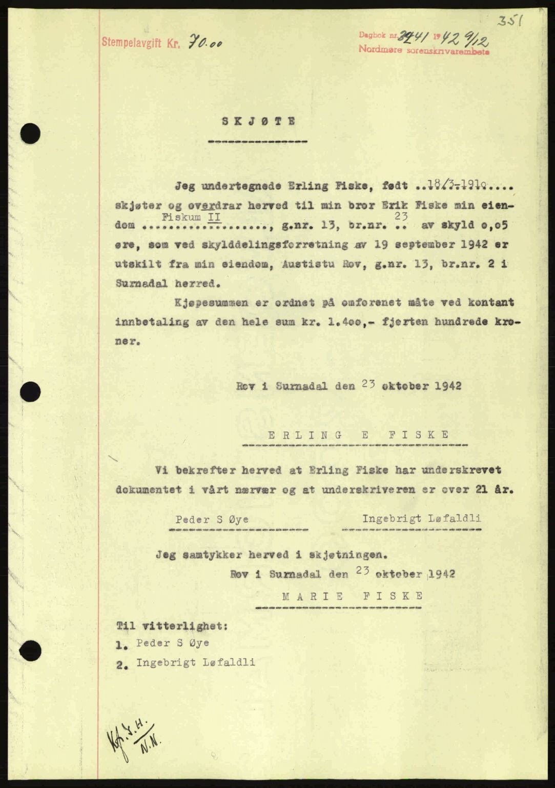 Nordmøre sorenskriveri, AV/SAT-A-4132/1/2/2Ca: Mortgage book no. A94, 1942-1943, Diary no: : 3241/1942