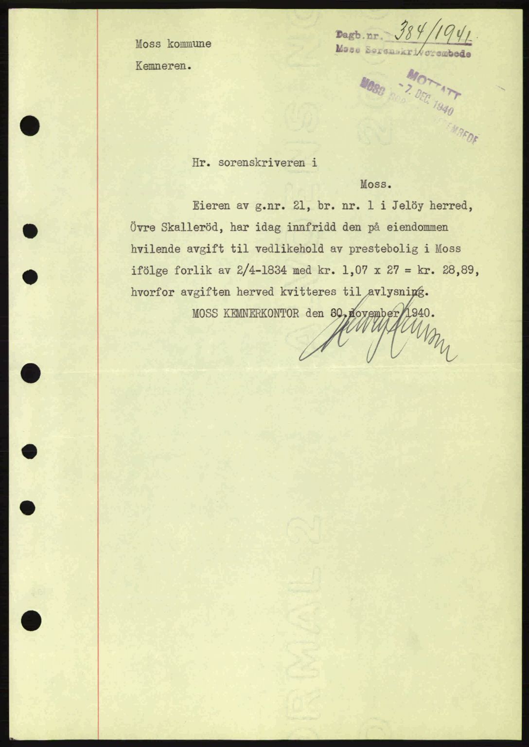 Moss sorenskriveri, SAO/A-10168: Mortgage book no. B10, 1940-1941, Diary no: : 384/1941