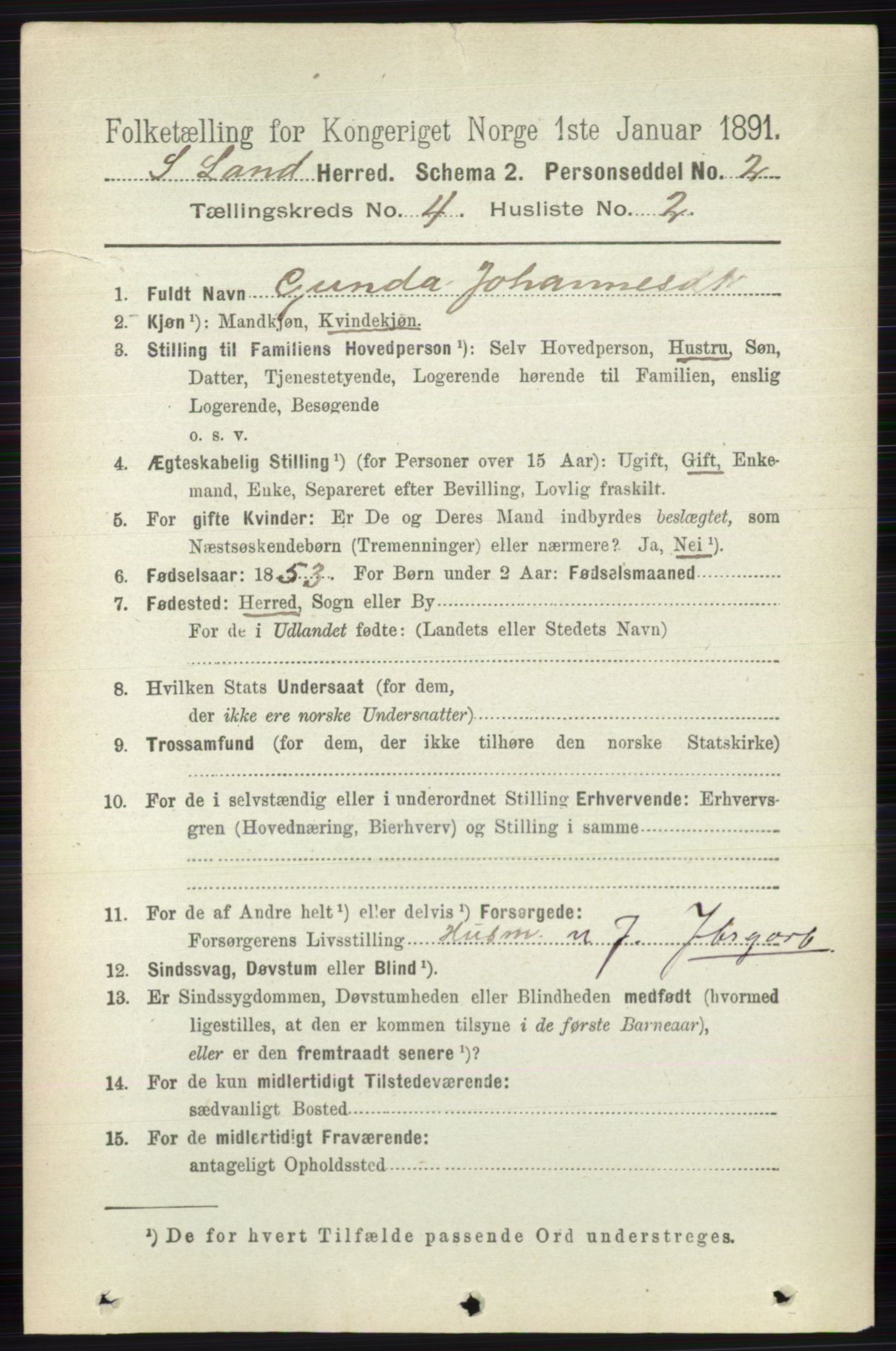 RA, 1891 census for 0536 Søndre Land, 1891, p. 3997