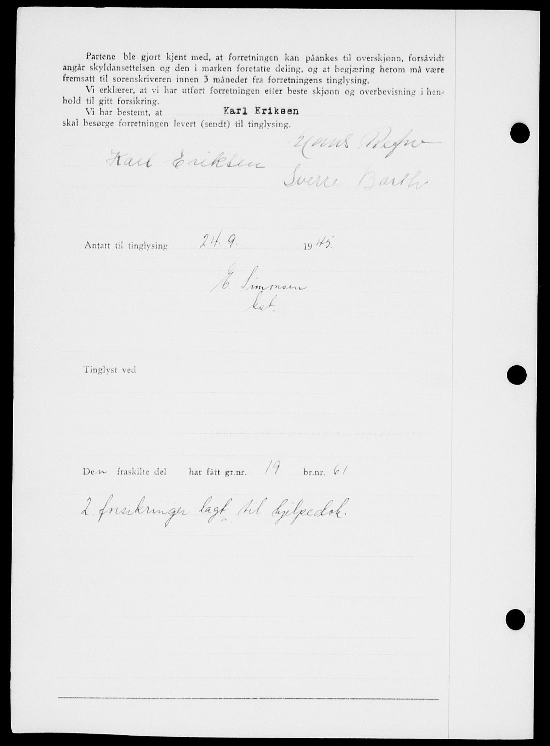 Onsøy sorenskriveri, SAO/A-10474/G/Ga/Gab/L0015: Mortgage book no. II A-15, 1945-1946, Diary no: : 1305/1945