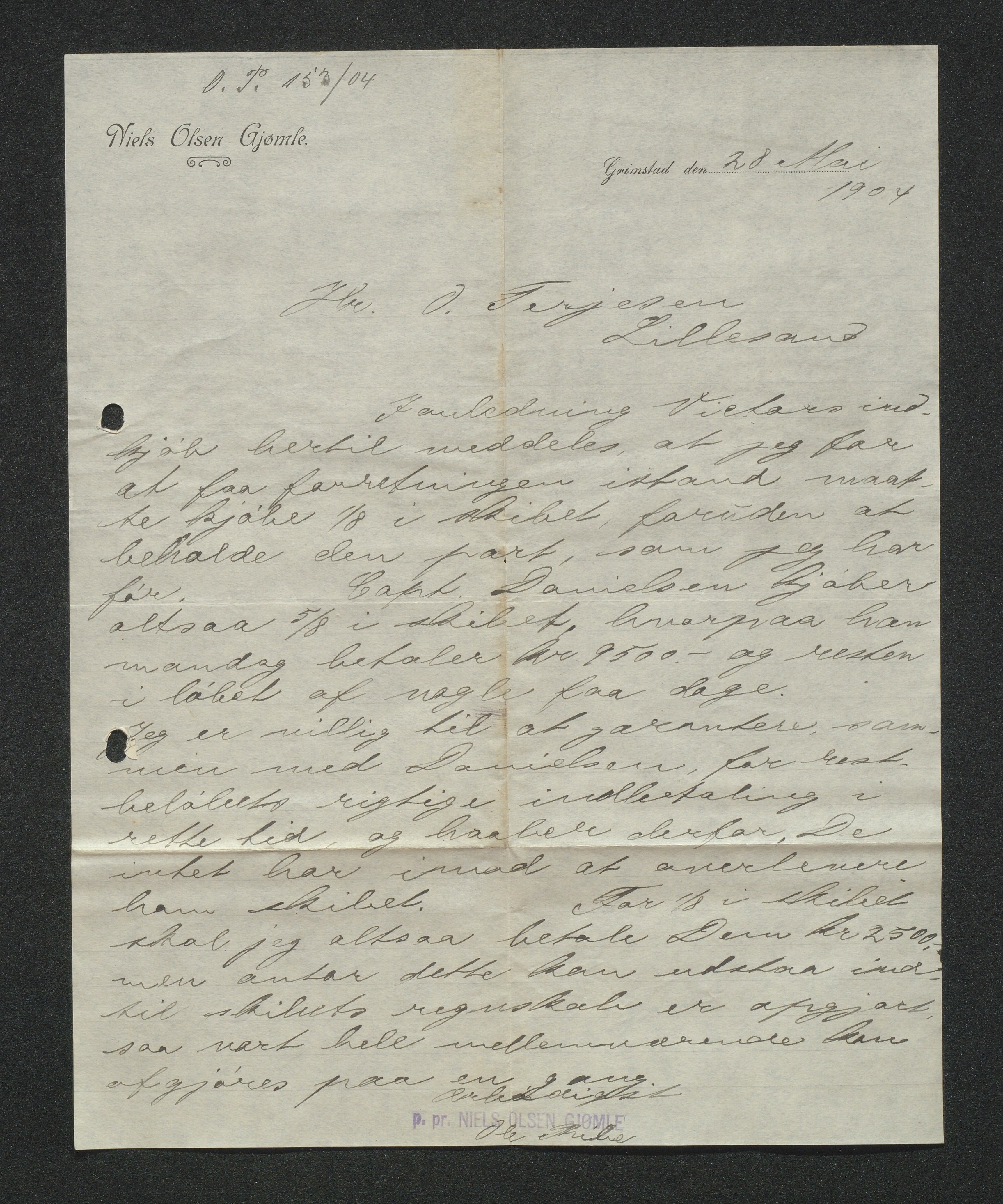 O. Terjesens rederi, AAKS/PA-2525/E/E01/L0013: Korrespondanse, 1904-1905