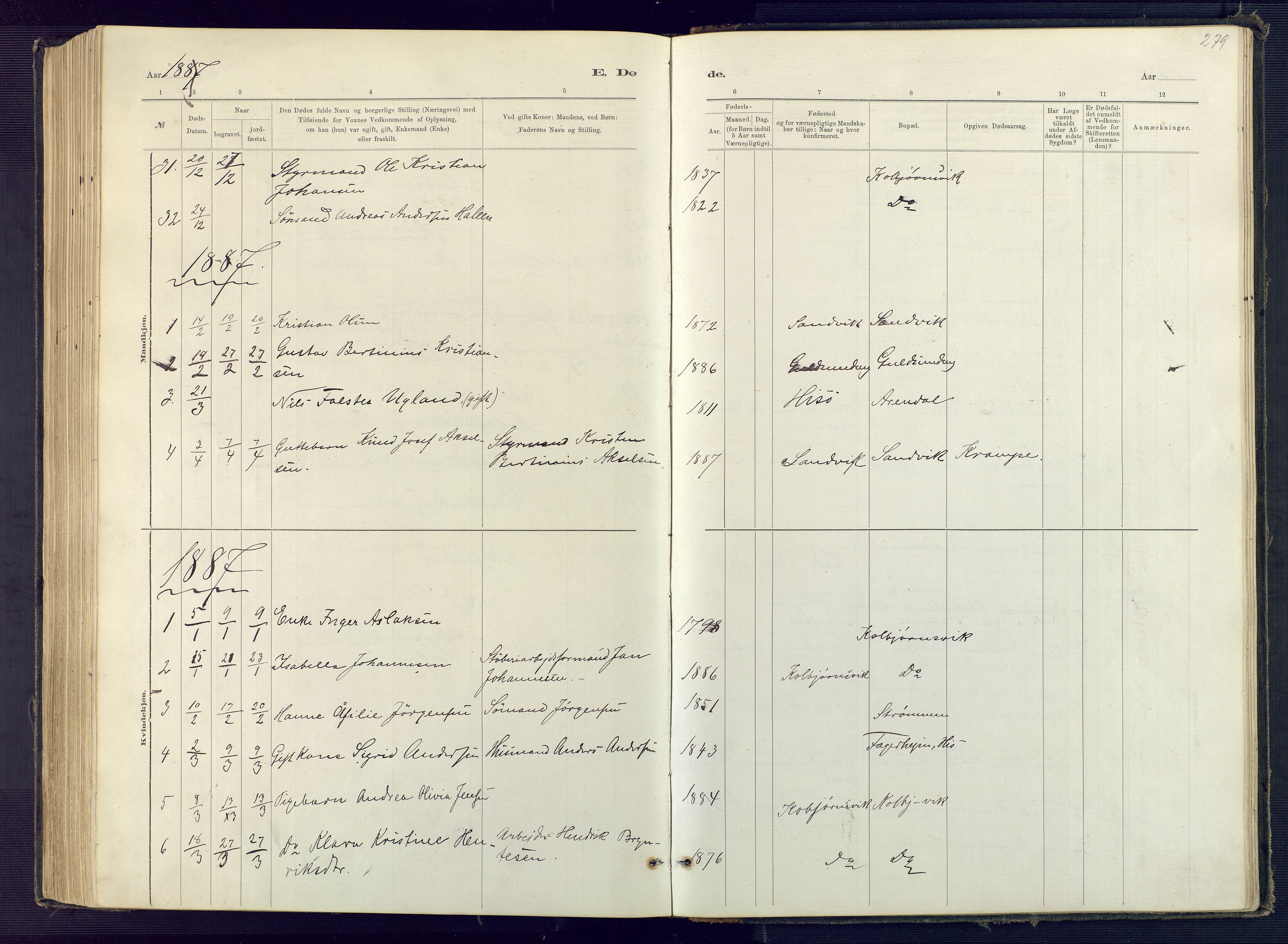 Hisøy sokneprestkontor, SAK/1111-0020/F/Fb/L0003: Parish register (copy) no. B 3, 1885-1905, p. 279