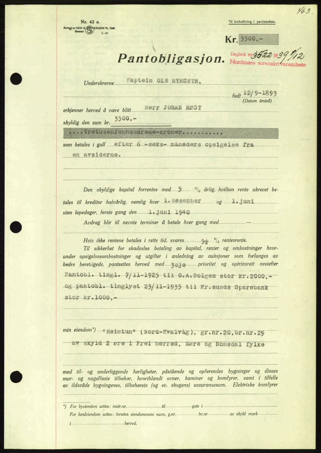 Nordmøre sorenskriveri, AV/SAT-A-4132/1/2/2Ca: Mortgage book no. B86, 1939-1940, Diary no: : 3522/1939