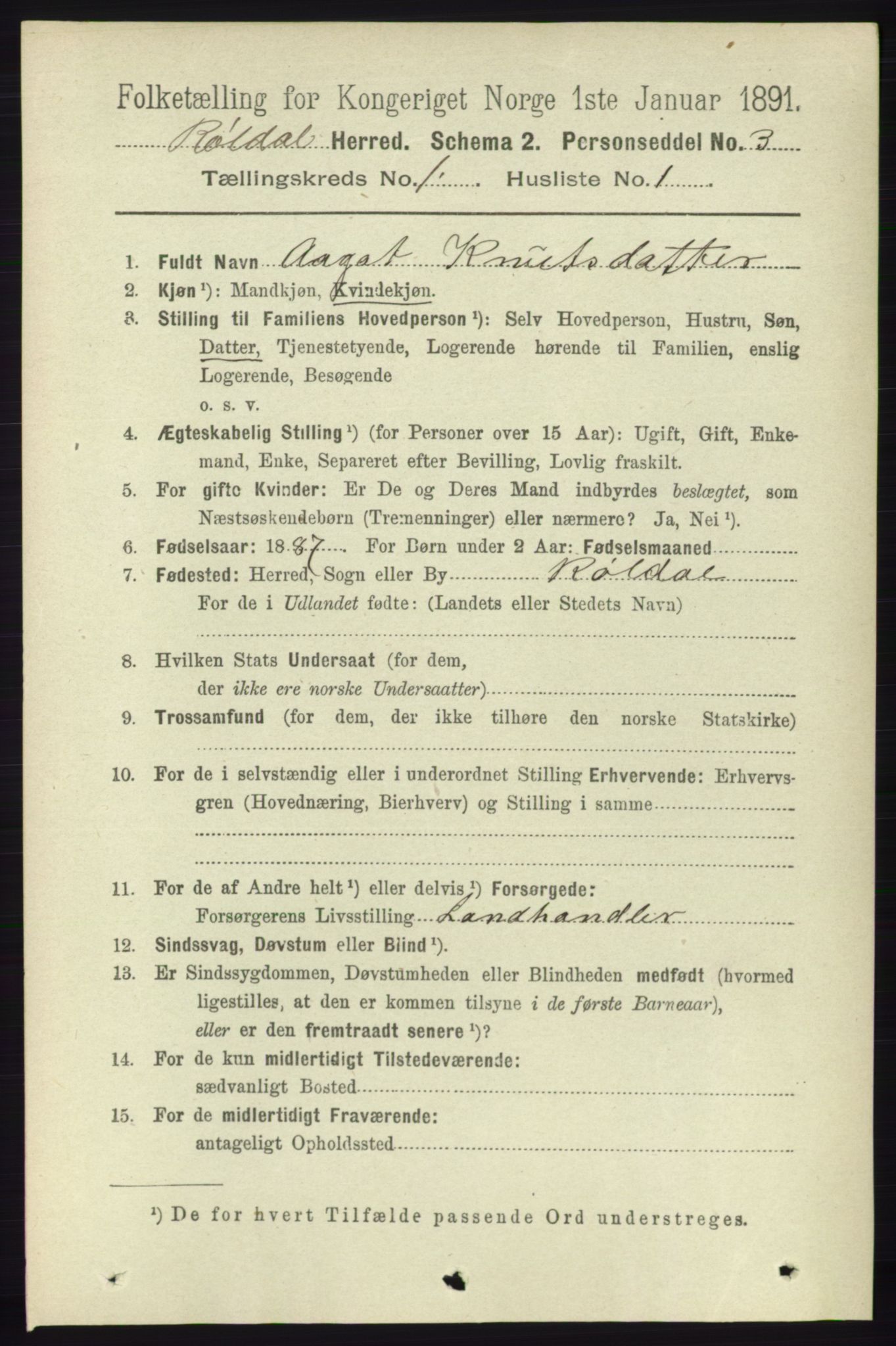 RA, 1891 census for 1229 Røldal, 1891, p. 93