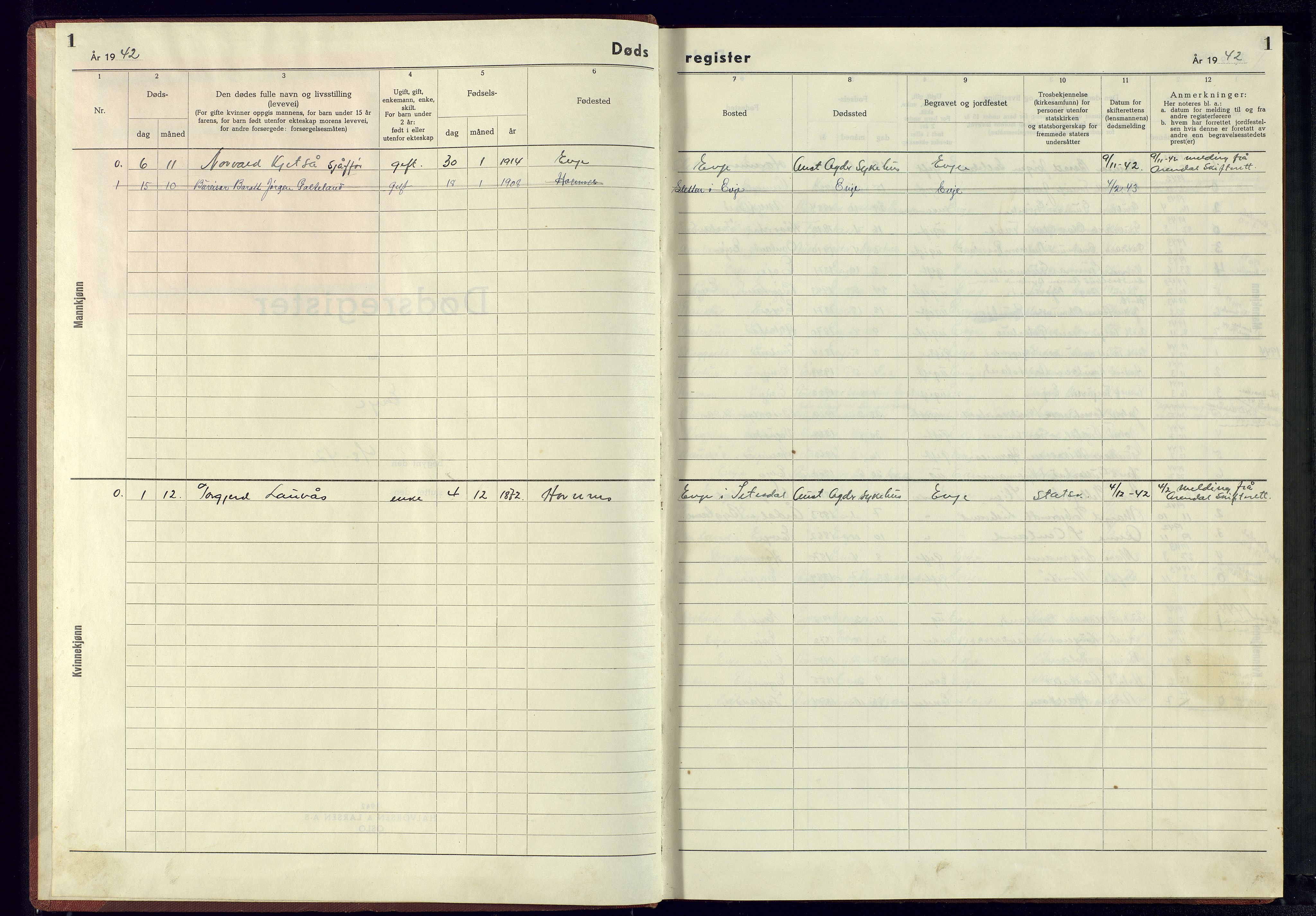 Evje sokneprestkontor, SAK/1111-0008/J/Je/L0007: II.6.7 - Dødsfallsregister Evje, 1942-1945, p. 1