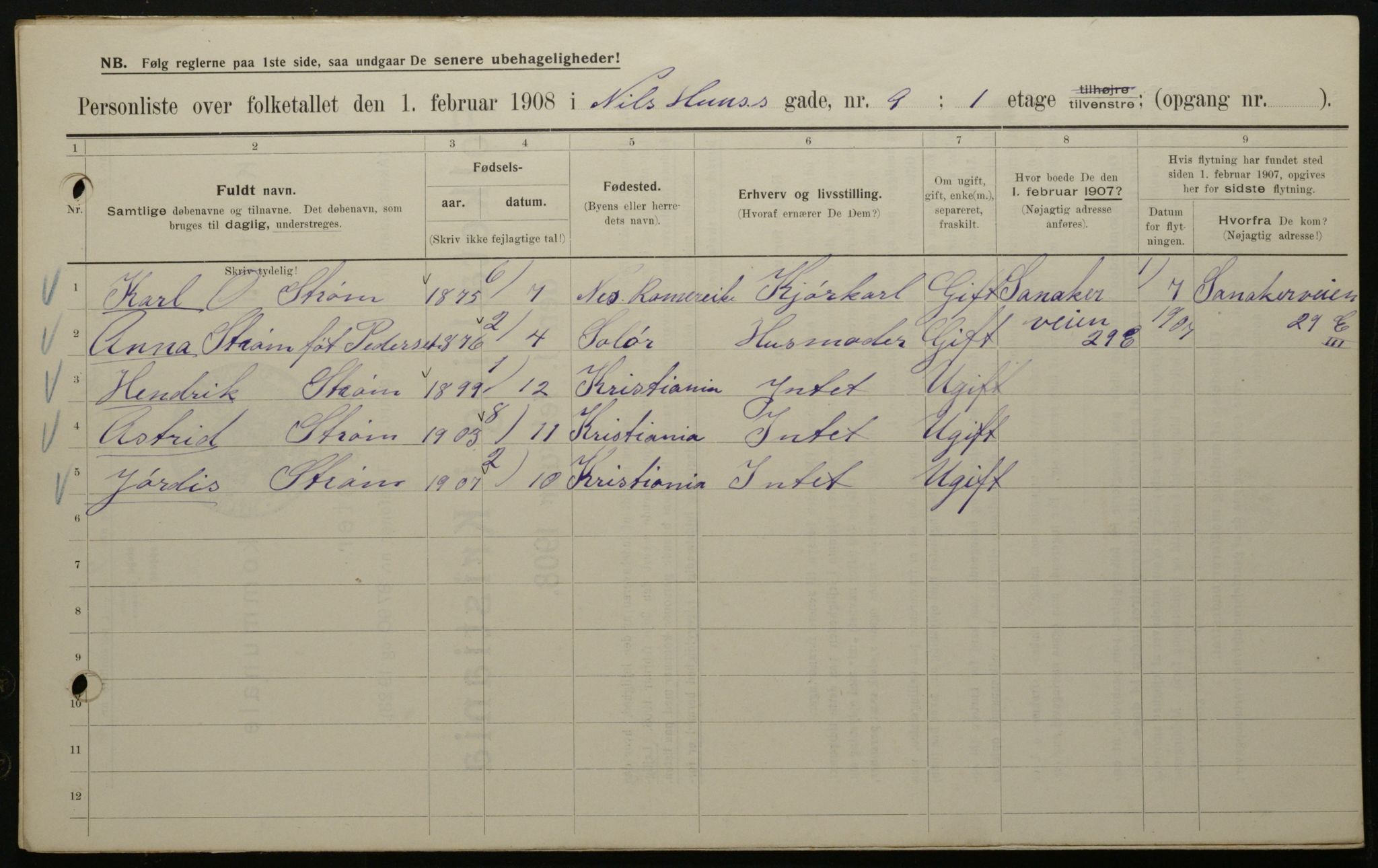 OBA, Municipal Census 1908 for Kristiania, 1908, p. 63668