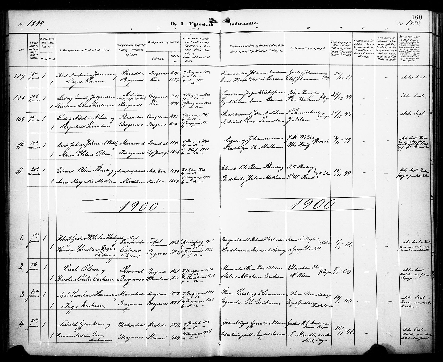 Bragernes kirkebøker, AV/SAKO-A-6/F/Fc/L0007: Parish register (official) no. III 7, 1898-1909, p. 160