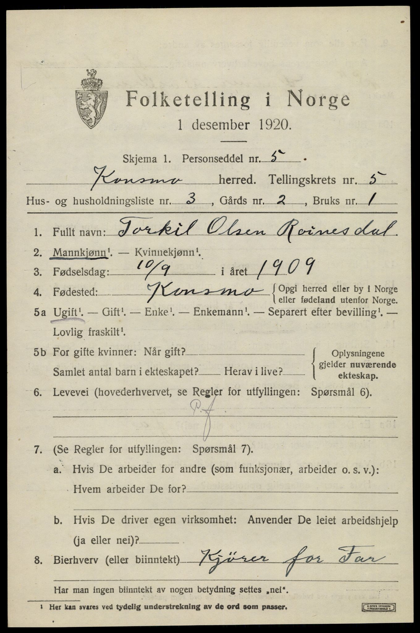 SAK, 1920 census for Konsmo, 1920, p. 1300