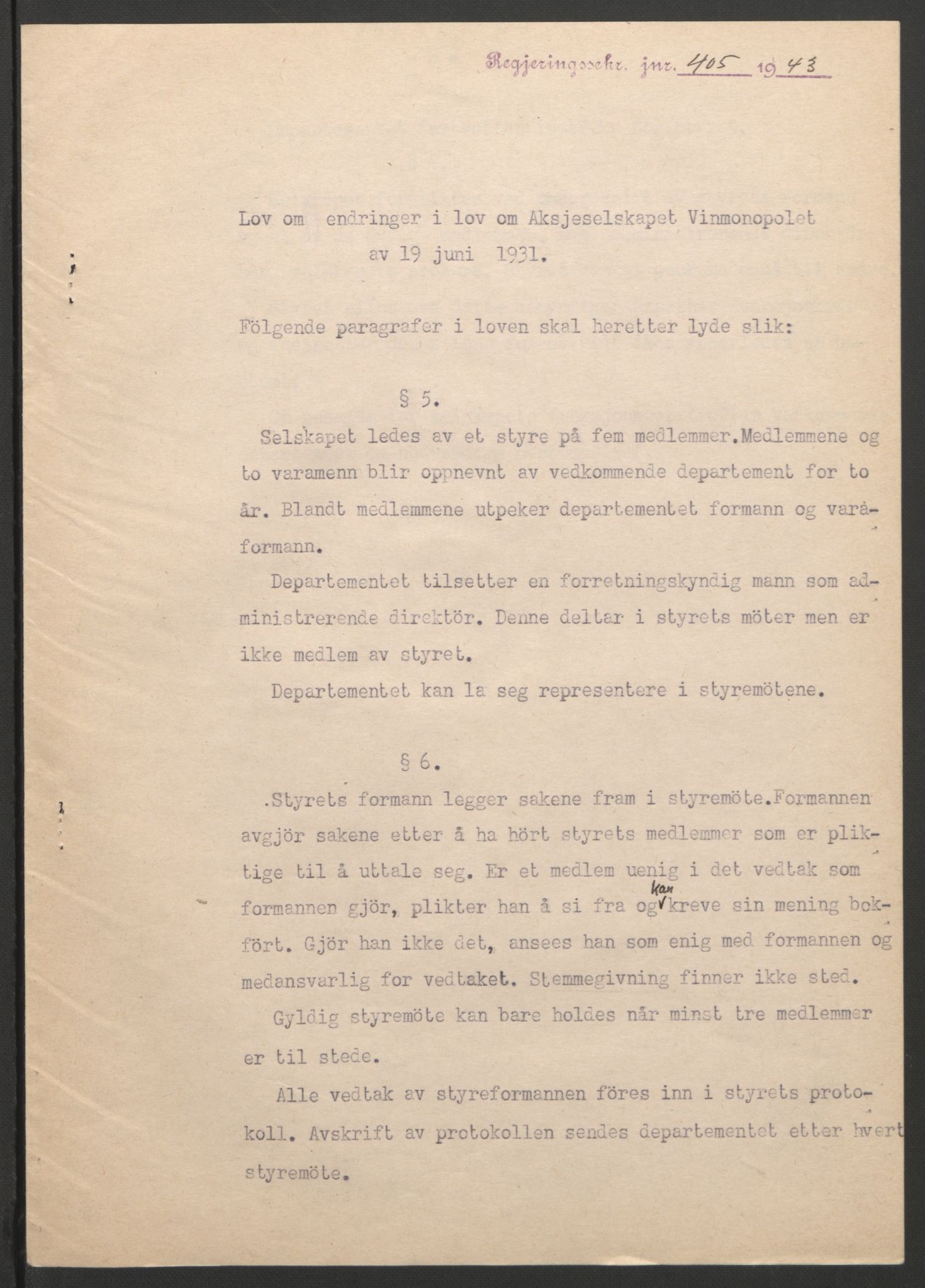 NS-administrasjonen 1940-1945 (Statsrådsekretariatet, de kommisariske statsråder mm), AV/RA-S-4279/D/Db/L0099: Lover, 1943, p. 759