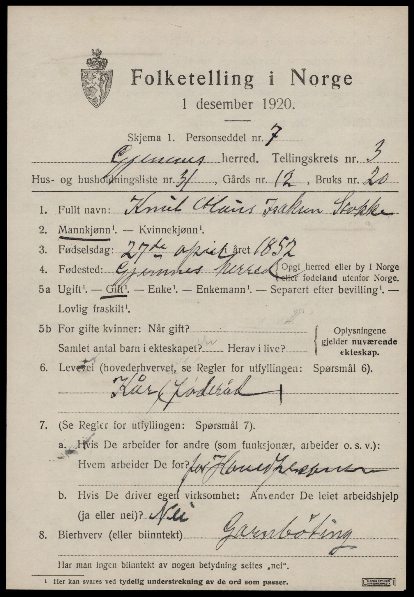 SAT, 1920 census for Gjemnes, 1920, p. 1580