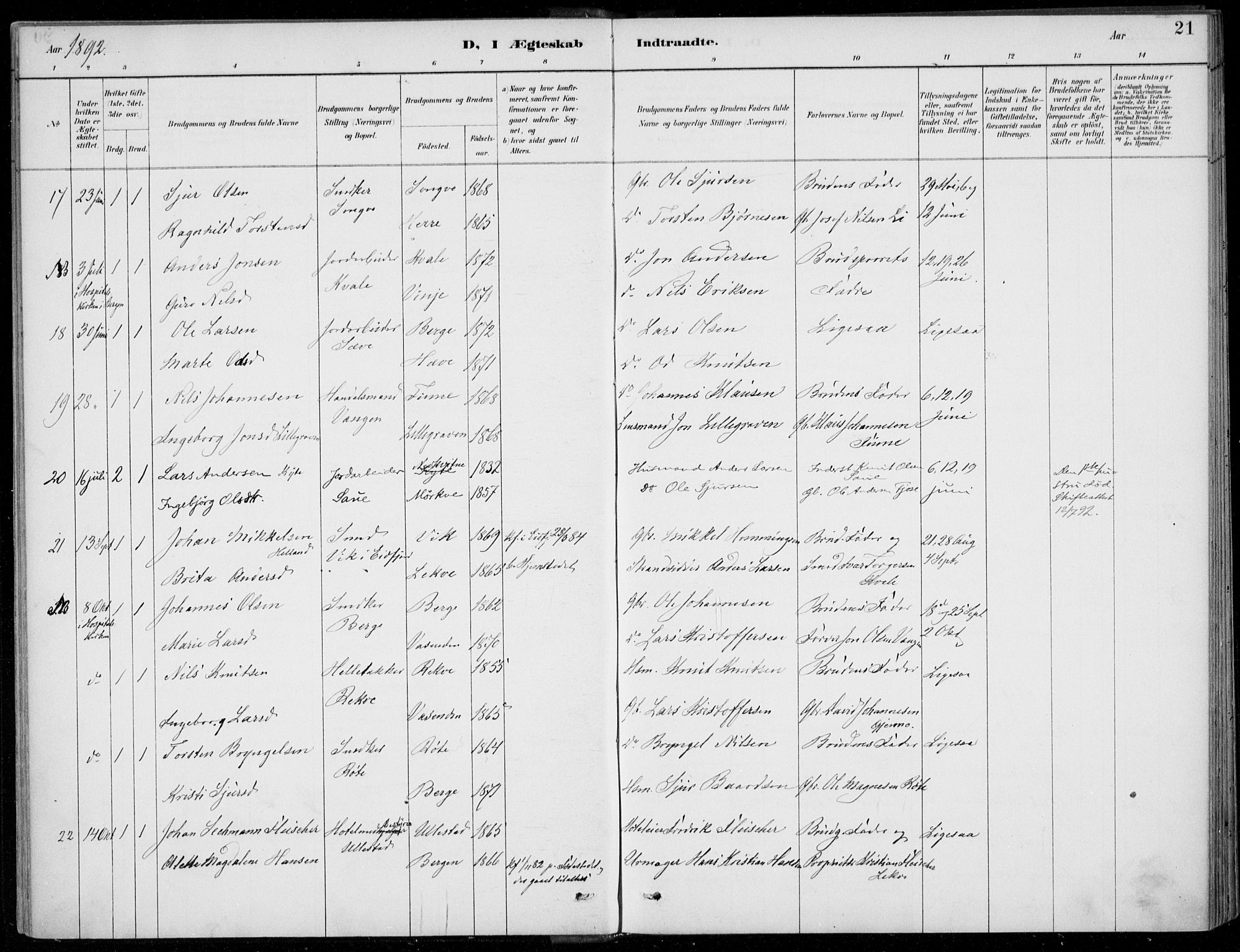 Voss sokneprestembete, AV/SAB-A-79001/H/Haa: Parish register (official) no. C  1, 1887-1915, p. 21