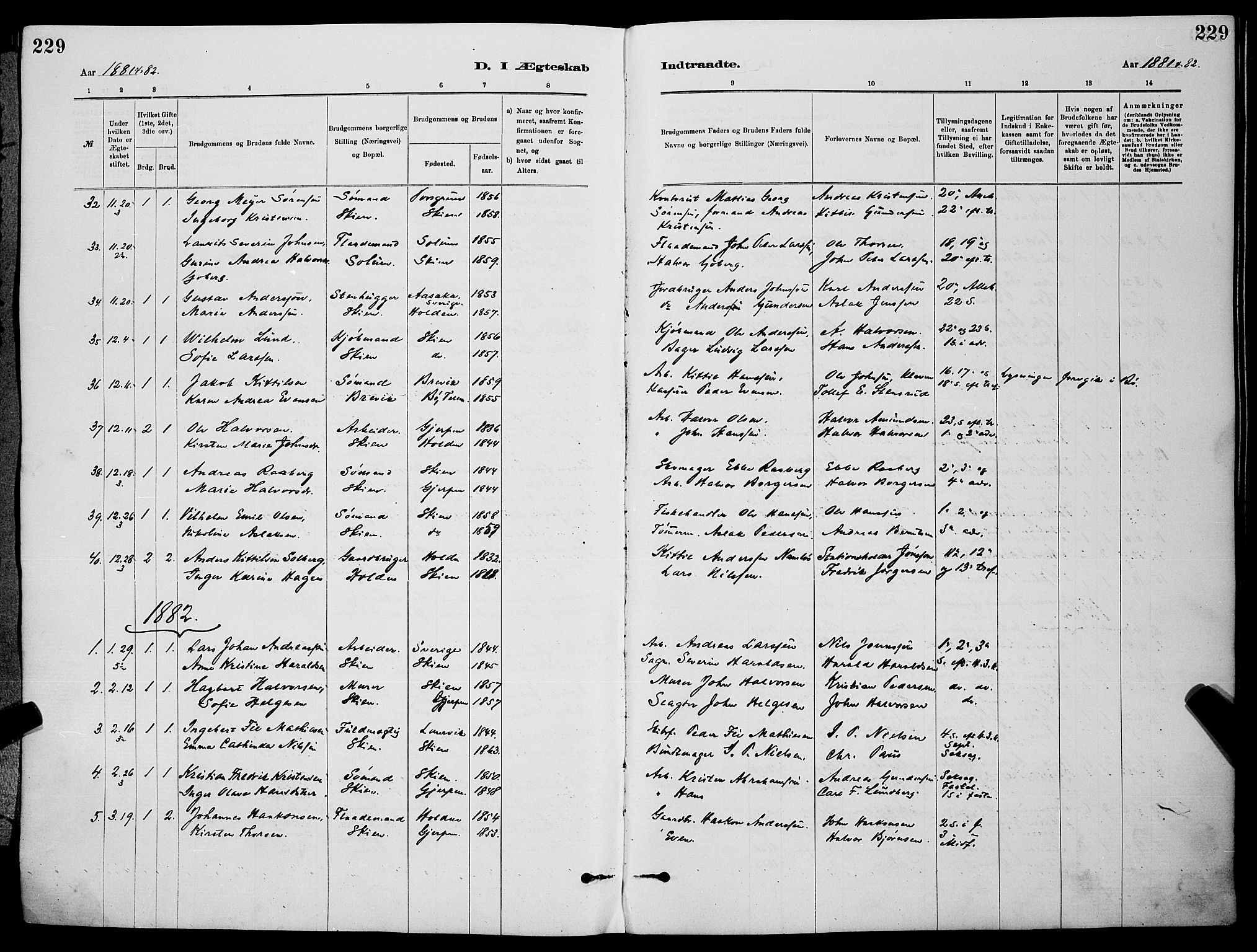 Skien kirkebøker, AV/SAKO-A-302/G/Ga/L0006: Parish register (copy) no. 6, 1881-1890, p. 229